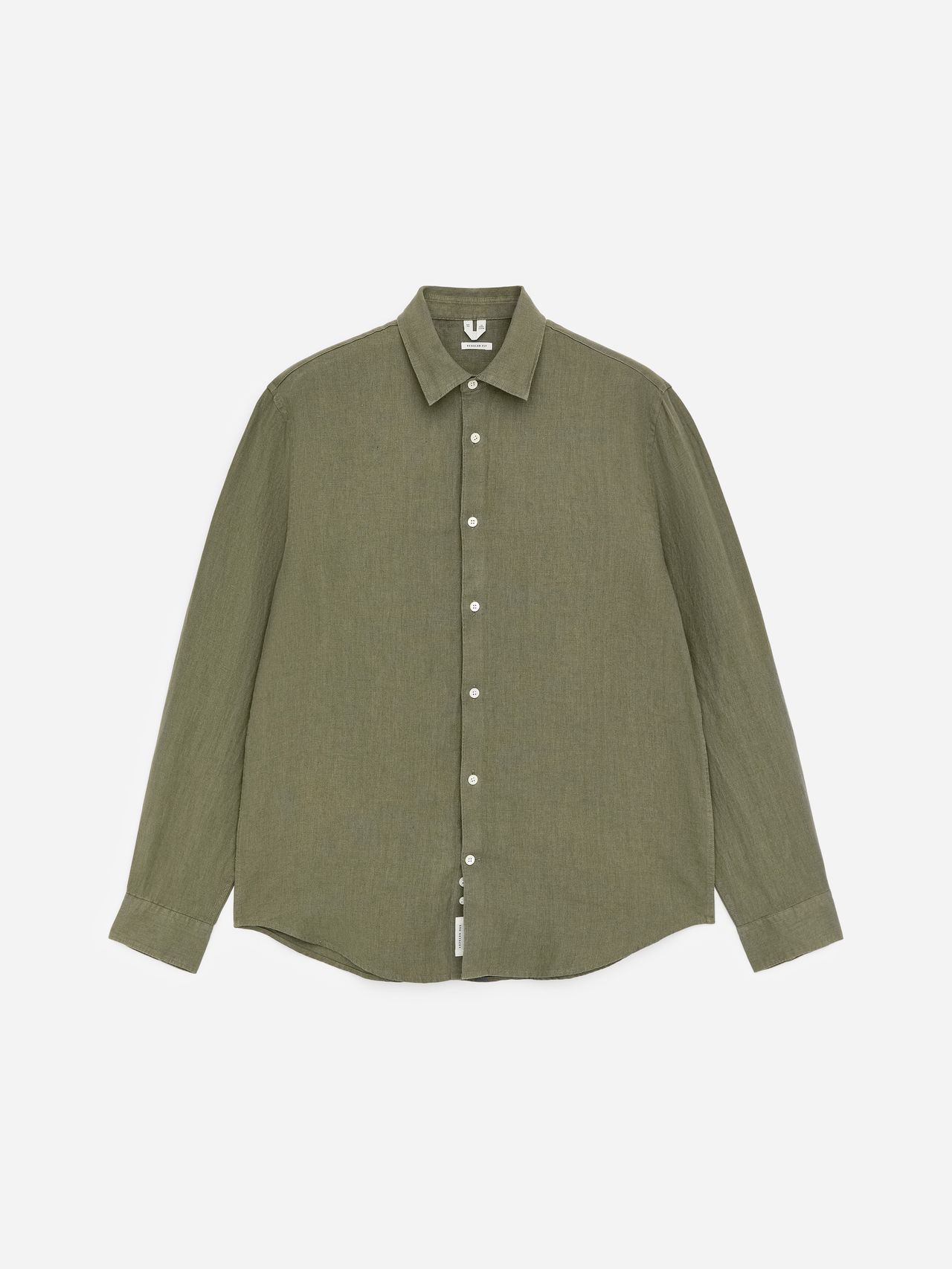 Olive green long-sleeve button-up shirt with white buttons, featuring a collar, displayed on a plain white background.