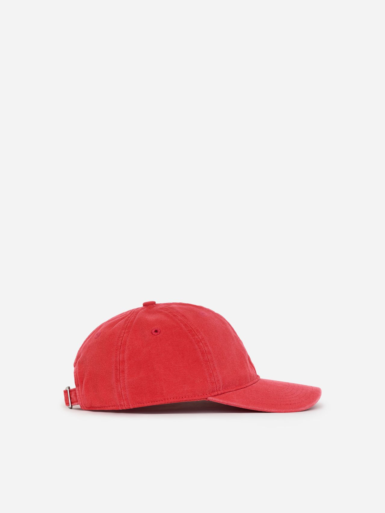 Red baseball cap with a curved brim and adjustable strap, viewed from the side against a plain white background.