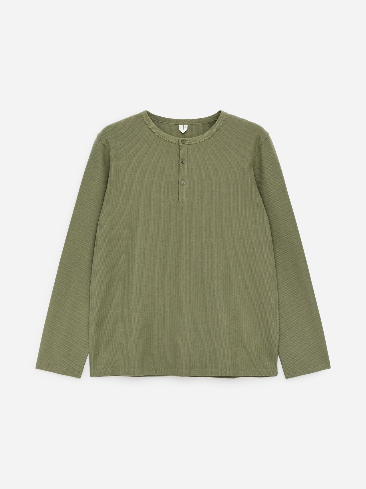 Olive green long-sleeve henley shirt with ribbed texture and three buttons on the front. Laid flat on a white background.