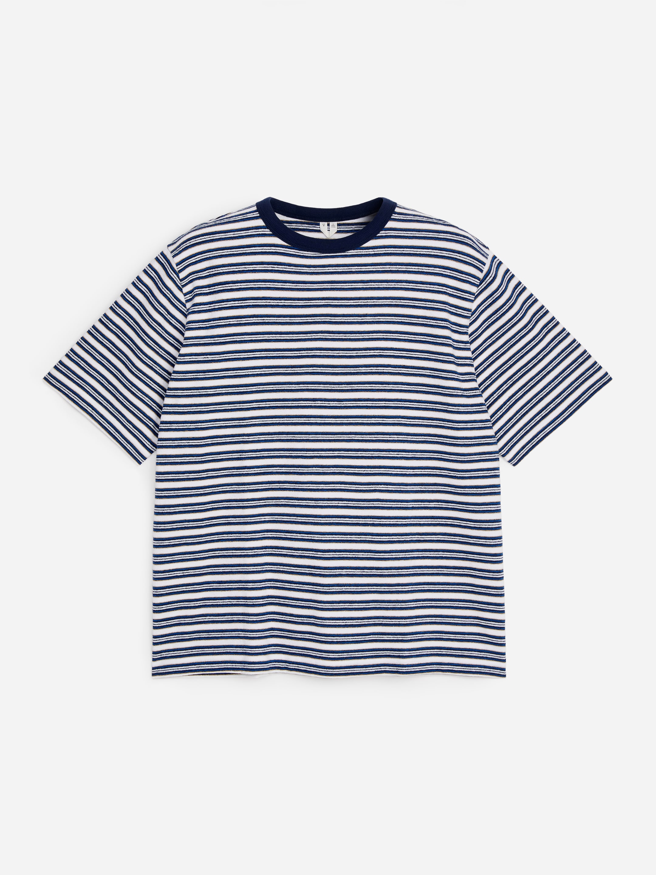 Striped t-shirt with navy and white horizontal lines. Crew neck design and short sleeves on a plain white background.