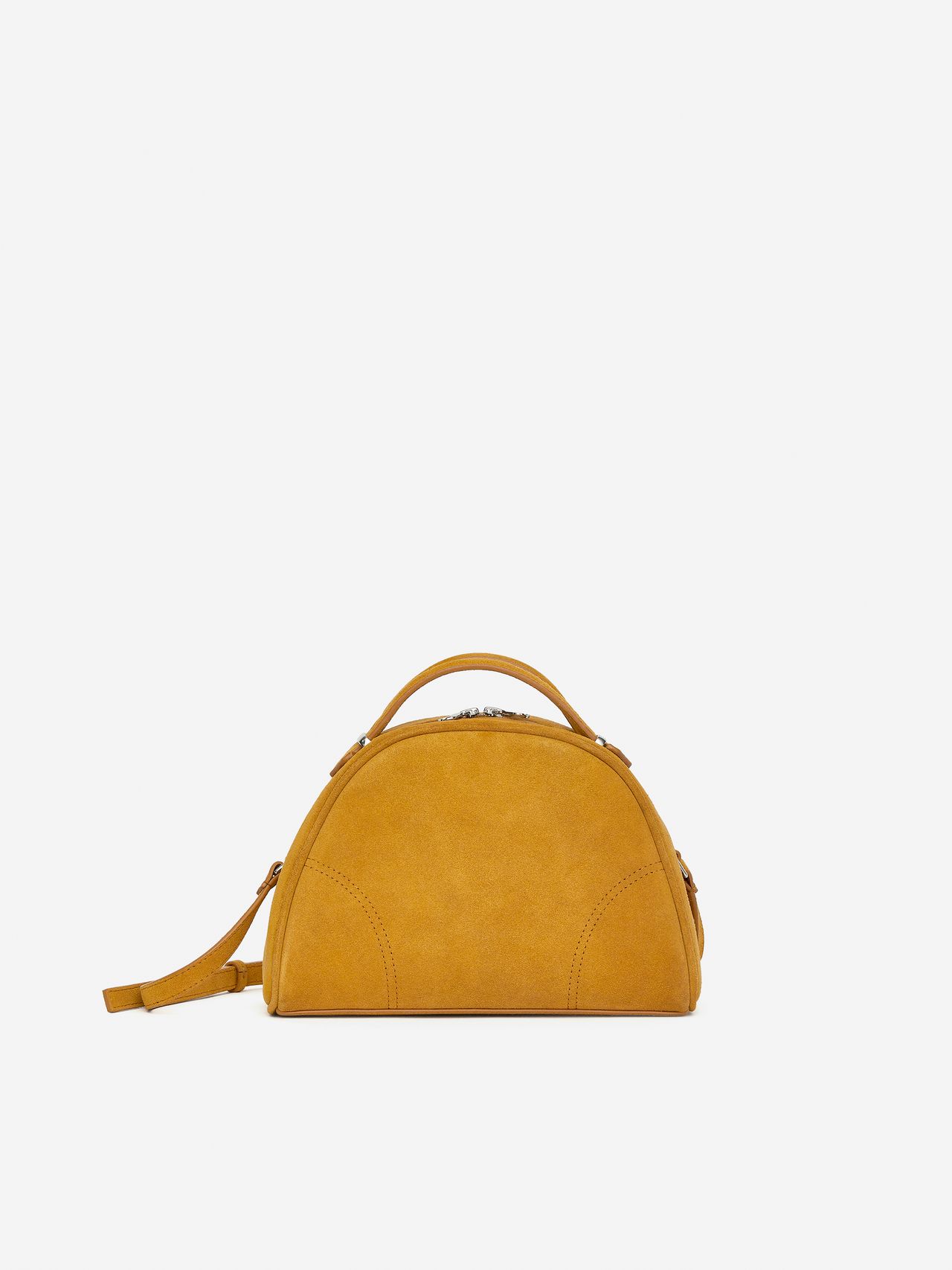 A small, dome-shaped mustard yellow handbag with a top handle and a detachable shoulder strap, set against a plain white background.