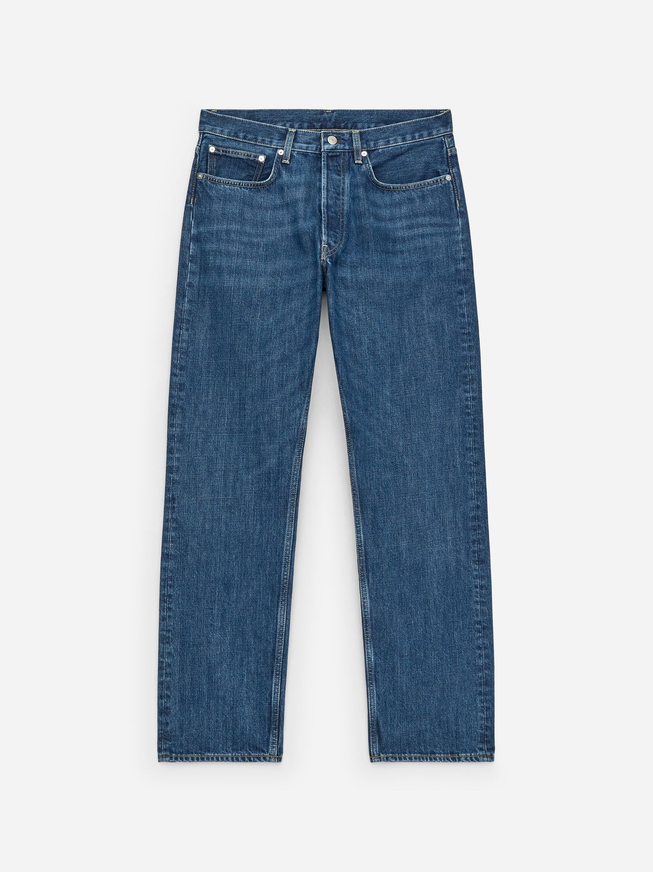 Blue denim jeans with a straight-leg design, five pockets, and a button closure, lying flat on a white background.