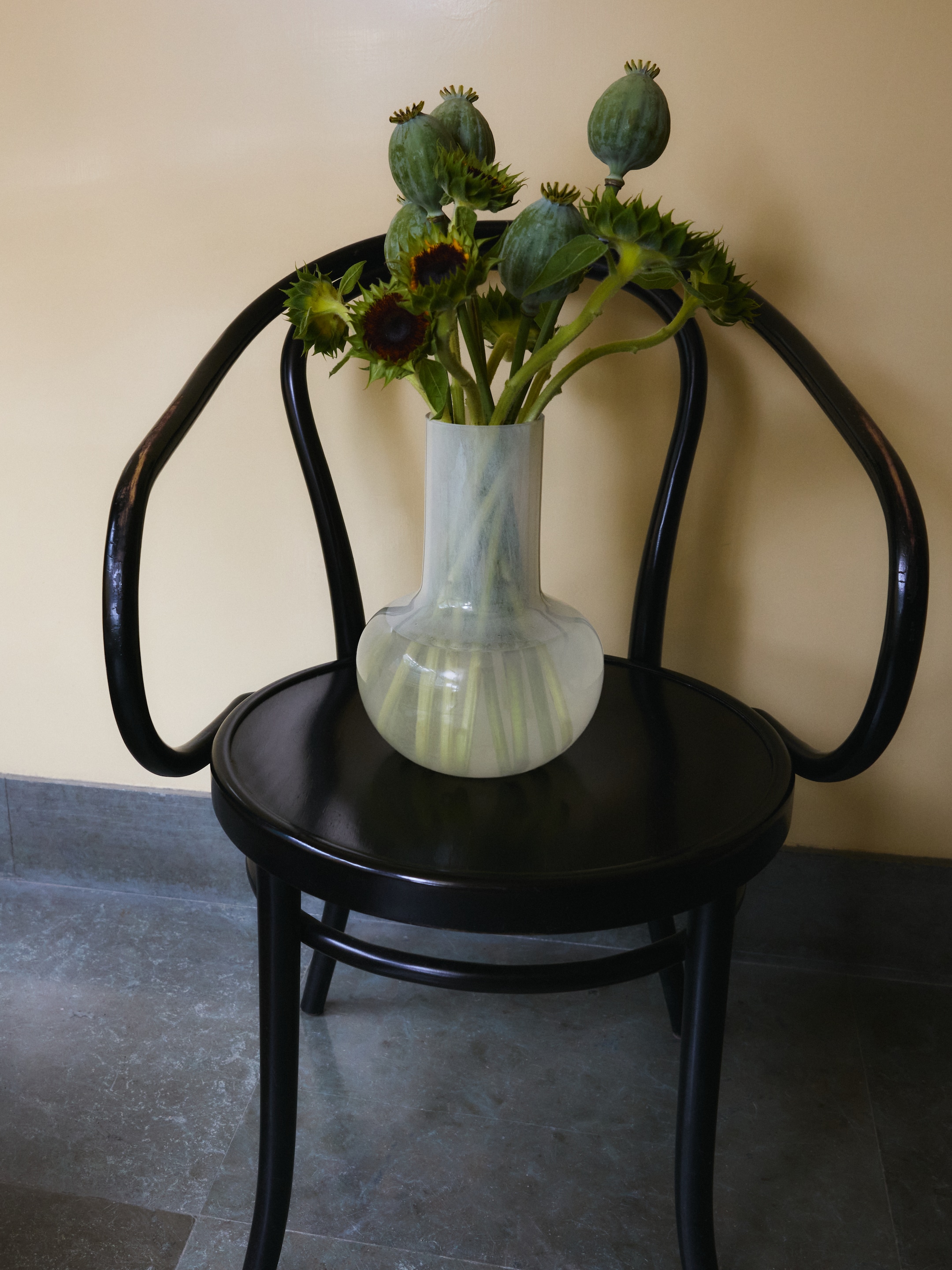 Vase with sunflowers and green seed pods on a black chair against a beige wall.