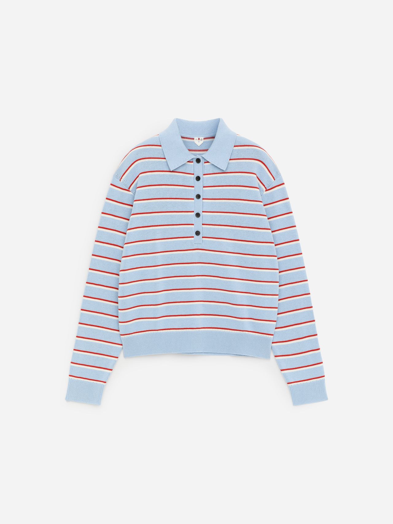 Light blue long-sleeve polo sweater with red, white, and brown horizontal stripes, featuring a buttoned front on a plain white background.