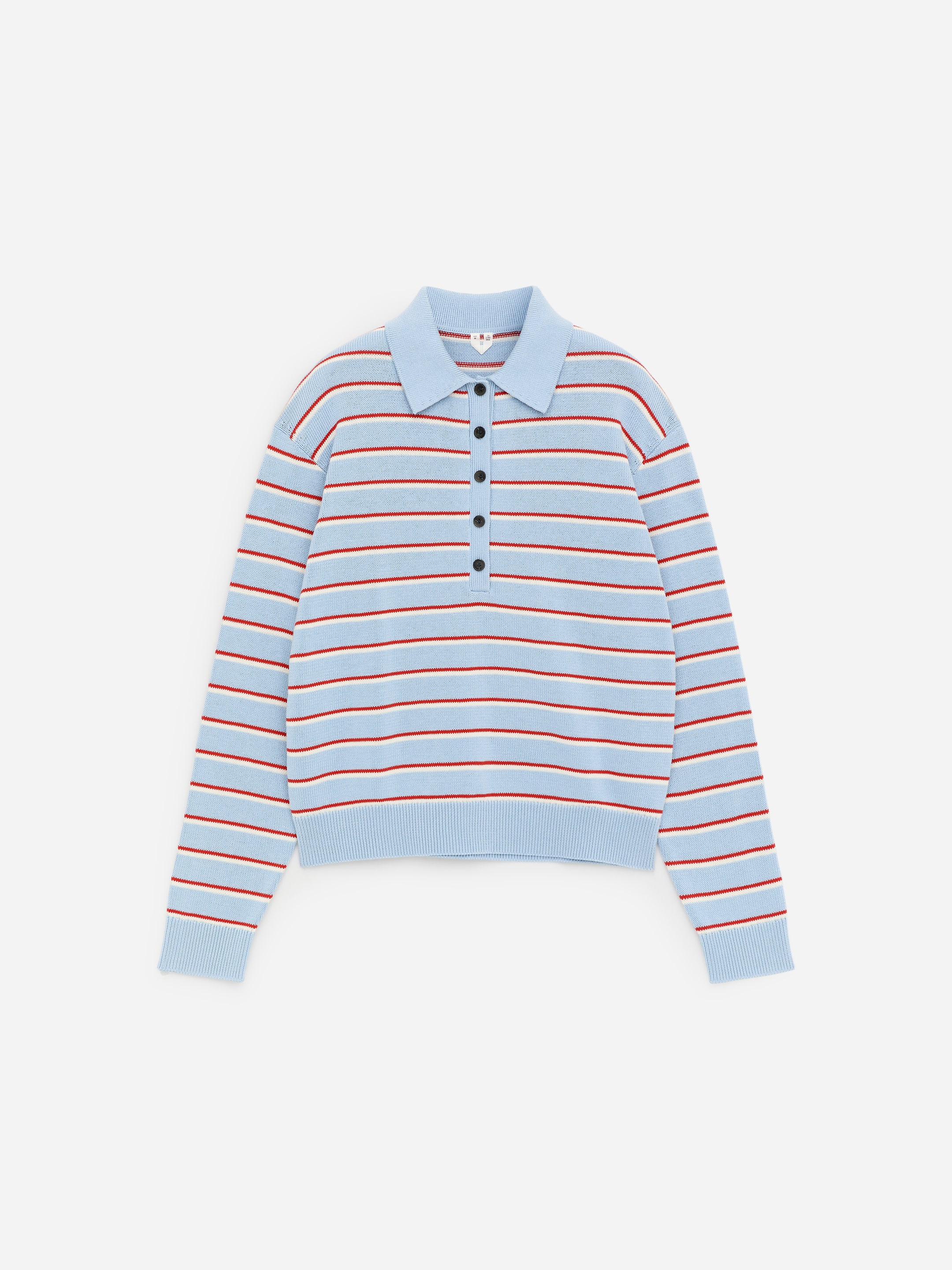Light blue long-sleeve polo sweater with red, white, and brown horizontal stripes, featuring a buttoned front on a plain white background.