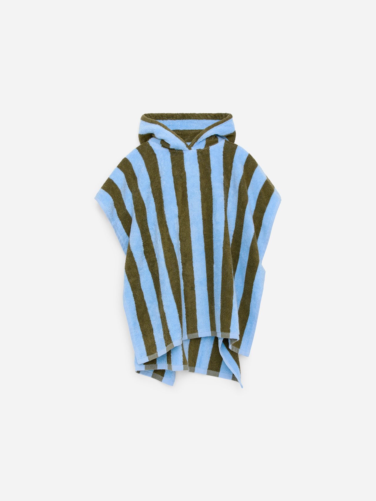 Striped blue and brown hooded poncho with a loose fit, displayed on a plain white background.