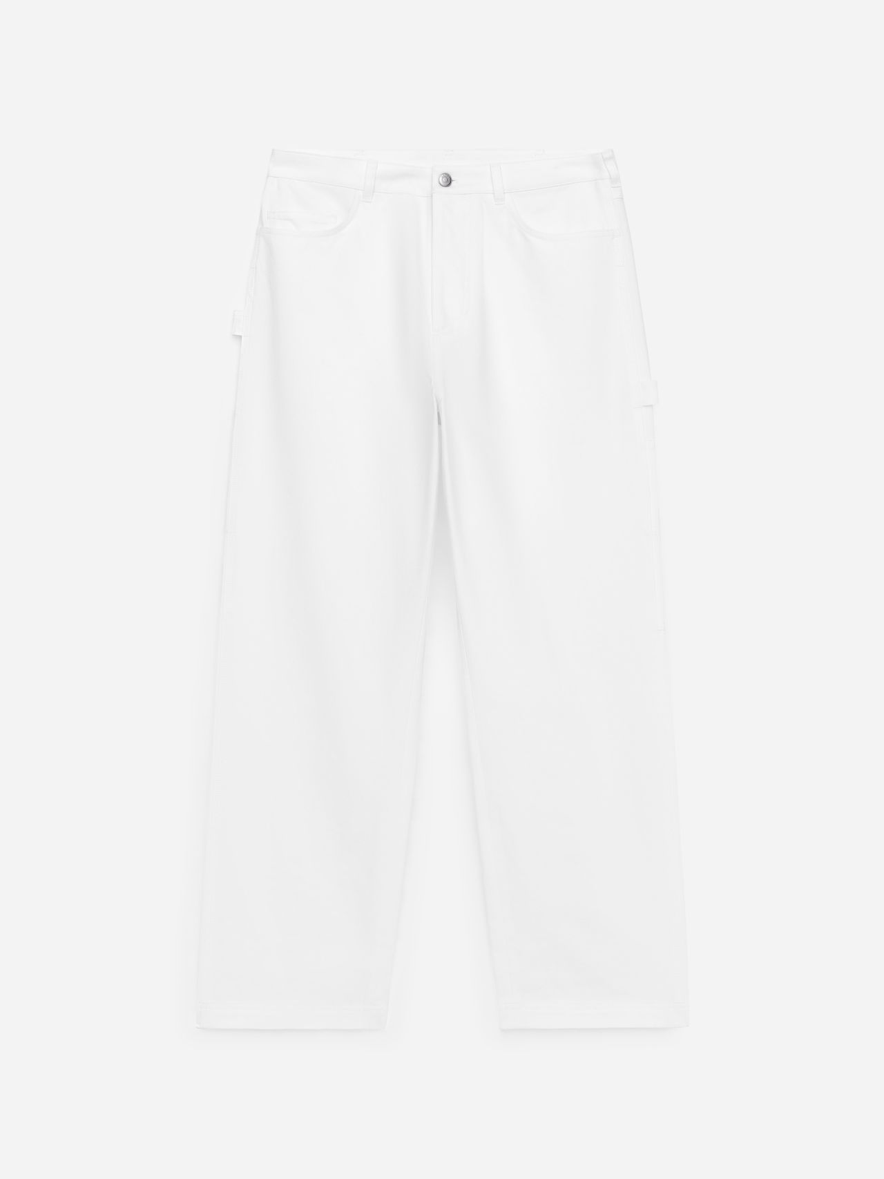 White wide-leg pants with a button closure, front pockets, and a straight cut. Displayed on a plain white background.