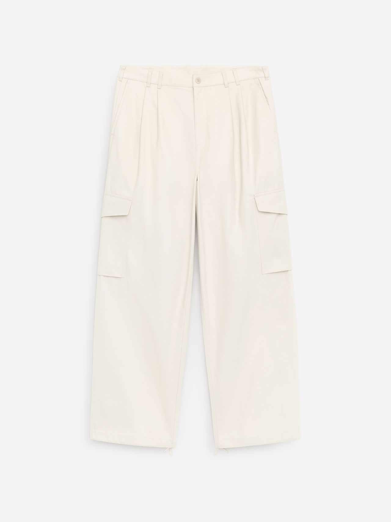 Cream-colored wide-leg cargo pants with side pockets and a button closure, displayed on a white background.