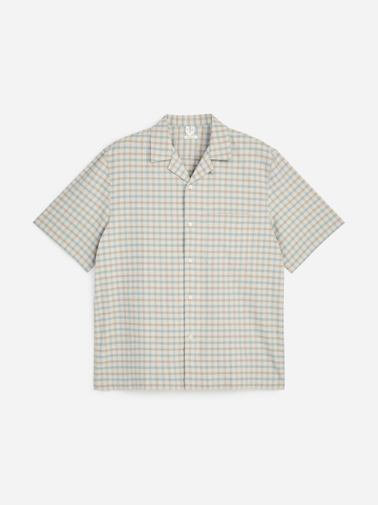 Short-sleeved shirt with a light blue and beige plaid pattern, featuring a collar and button-up front.