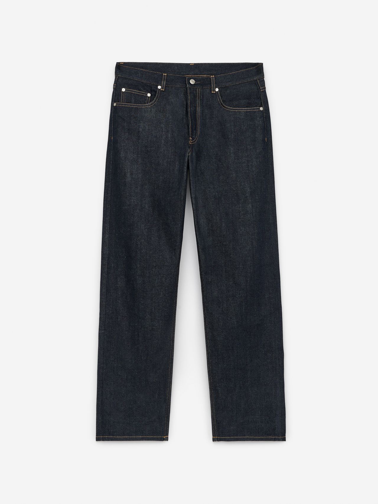 Dark blue straight-leg jeans with orange stitching, five pockets, and silver button on white background.