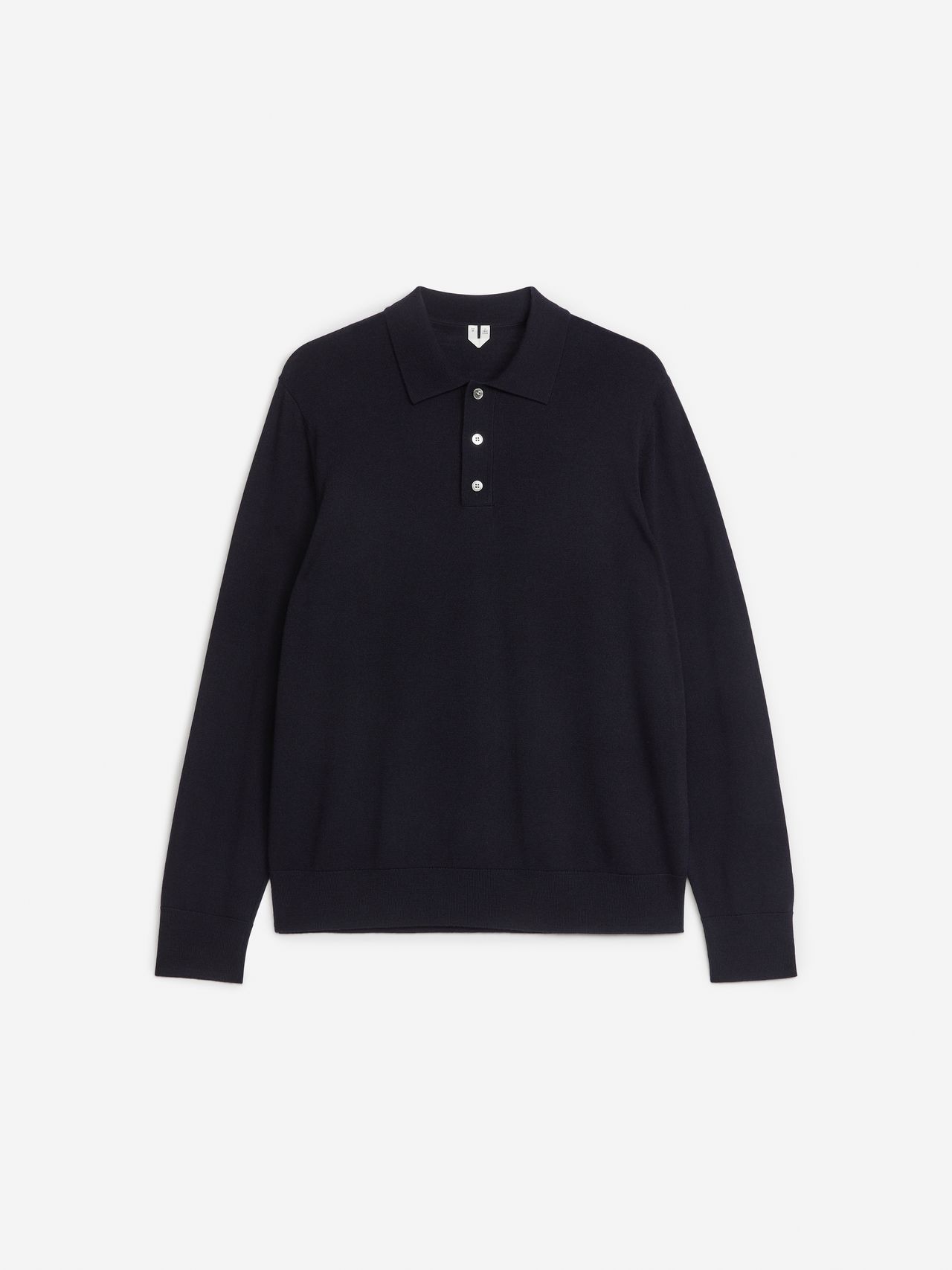 Black long-sleeve polo sweater with a collared neckline and three white buttons, laid flat on a white background.