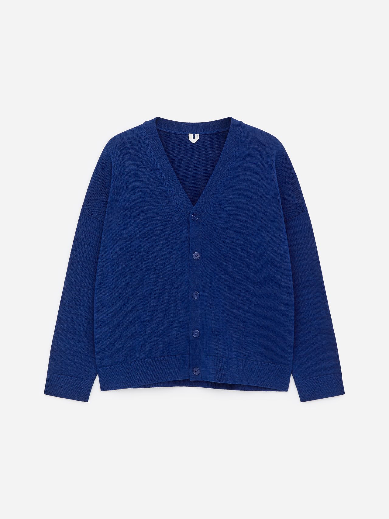Blue cardigan with a V-neck, long sleeves, and button closure, displayed on a white background.