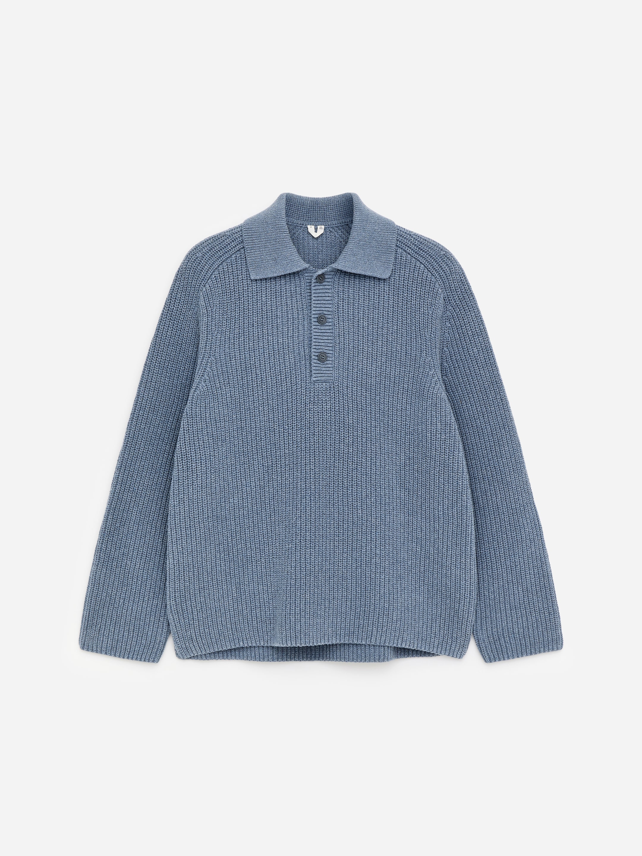 Blue knitted sweater with a collared neckline, button-up placket, and long sleeves, displayed on a white background.