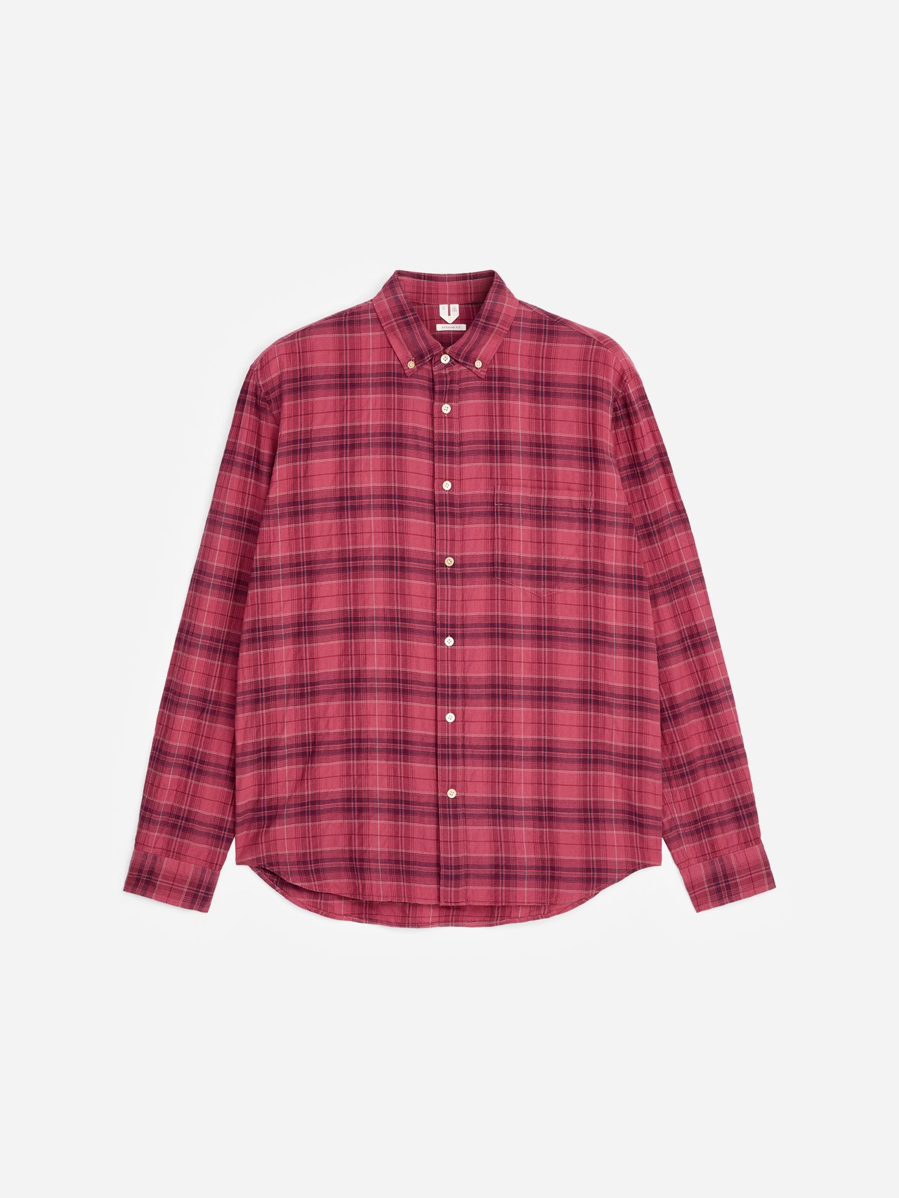 Red plaid button-up shirt with long sleeves, featuring a classic collar, displayed against a plain white background.