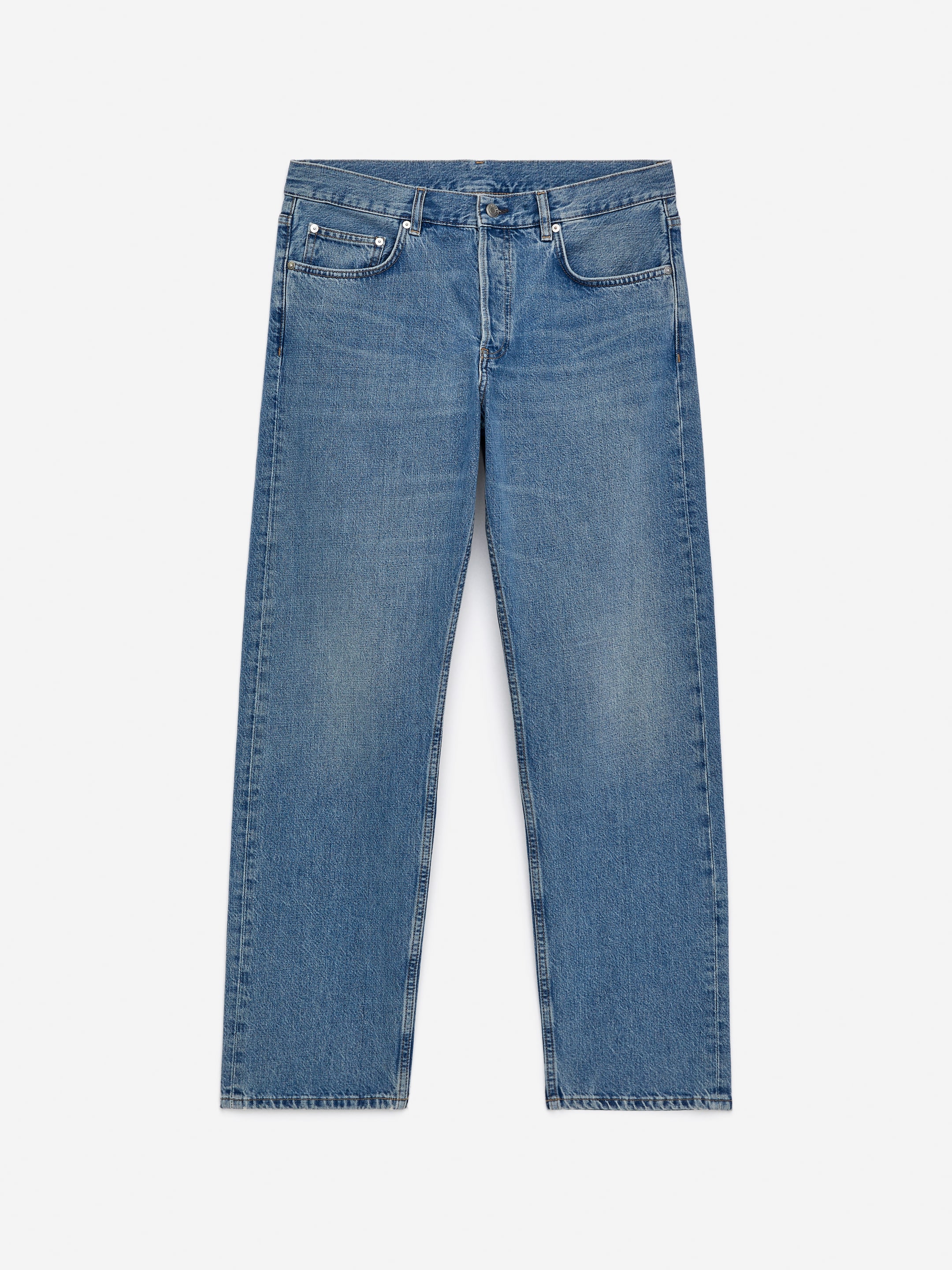 Straight-leg blue jeans with a classic five-pocket design and subtle fading on the front.