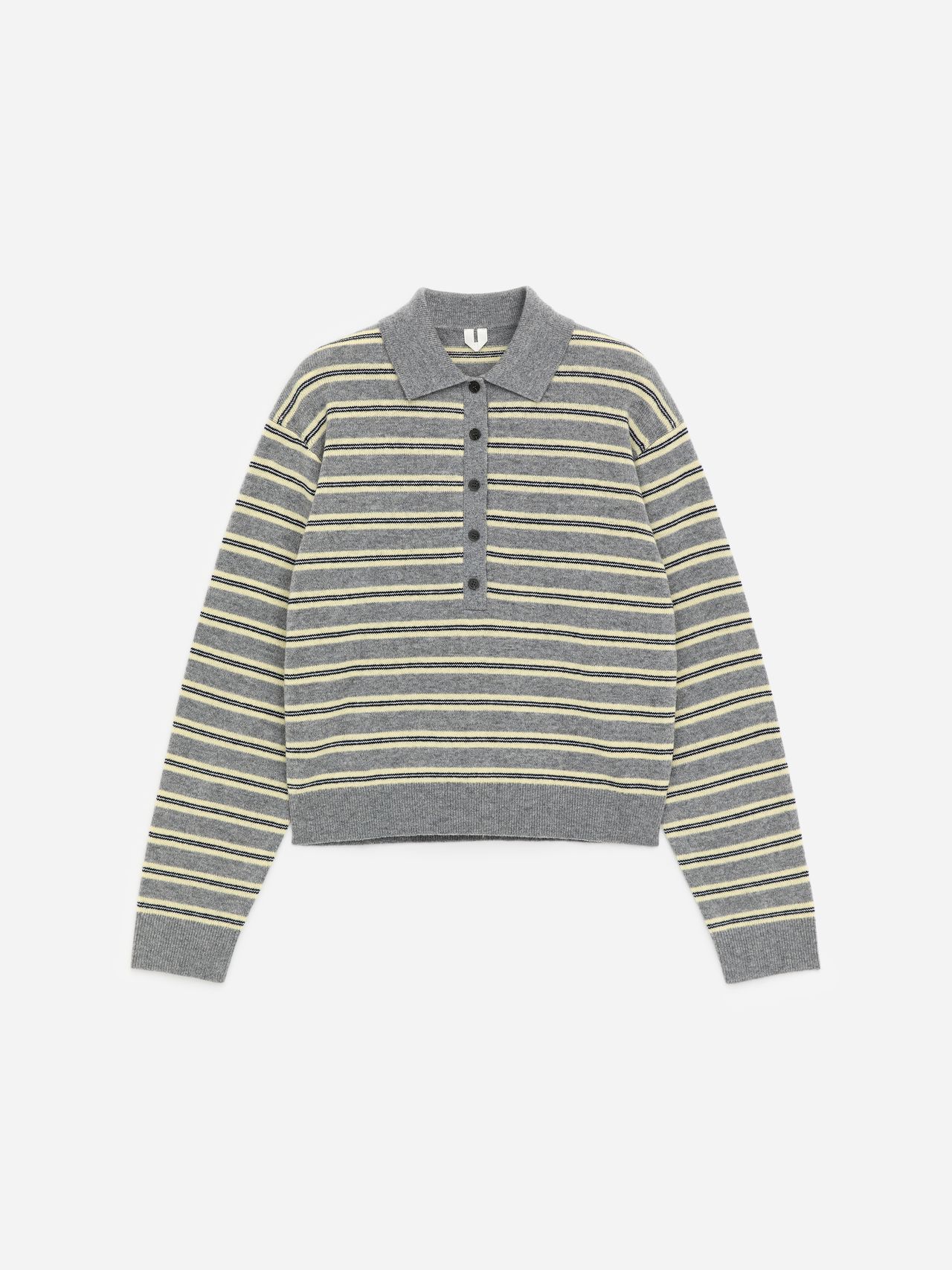 Gray long-sleeve polo with yellow and white horizontal stripes, featuring a buttoned placket, laid on a white background.