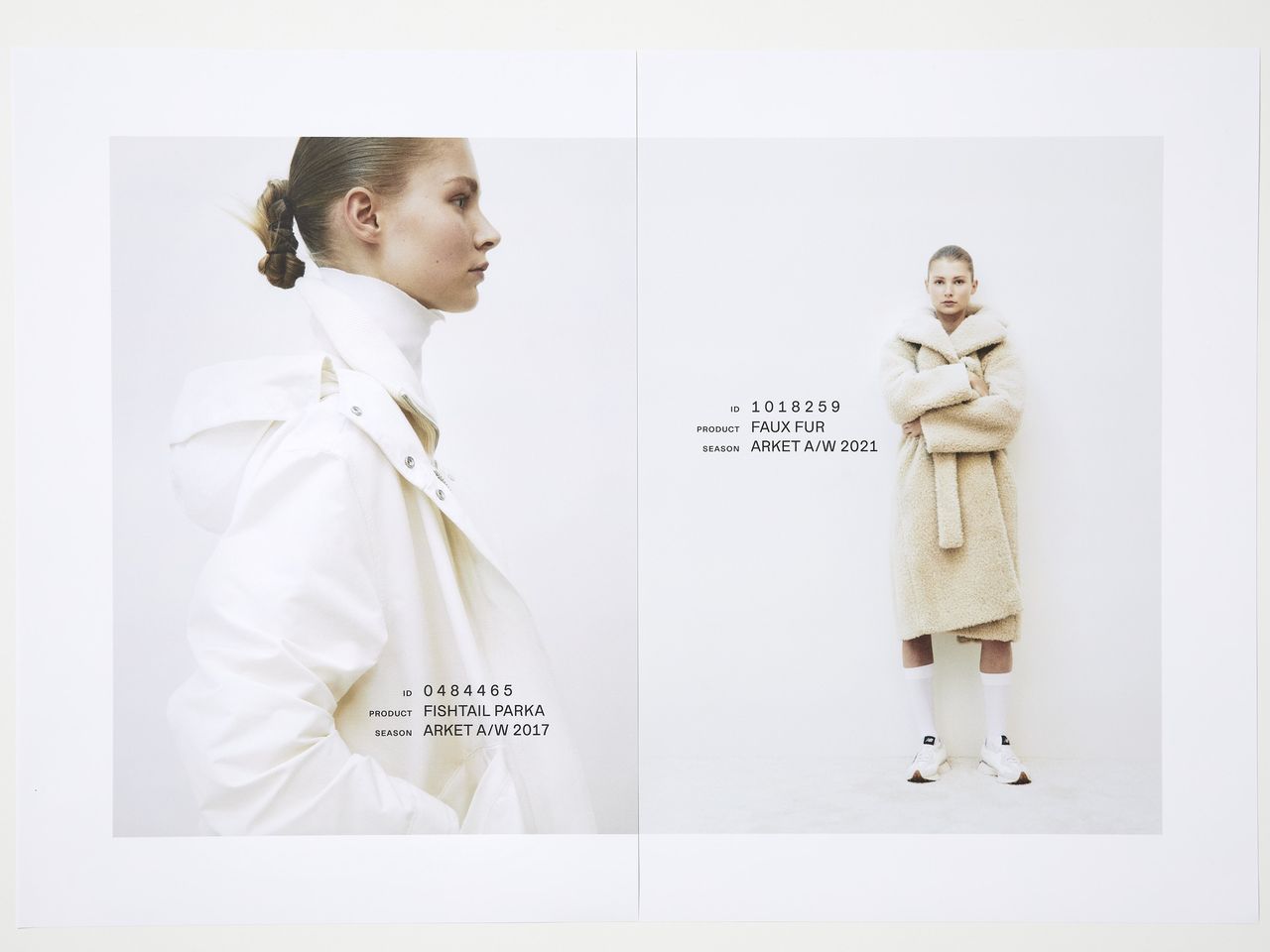 Two fashion images: Left, a woman in a white fishtail parka; right, a woman in a beige faux fur coat. Both have text detailing product info.