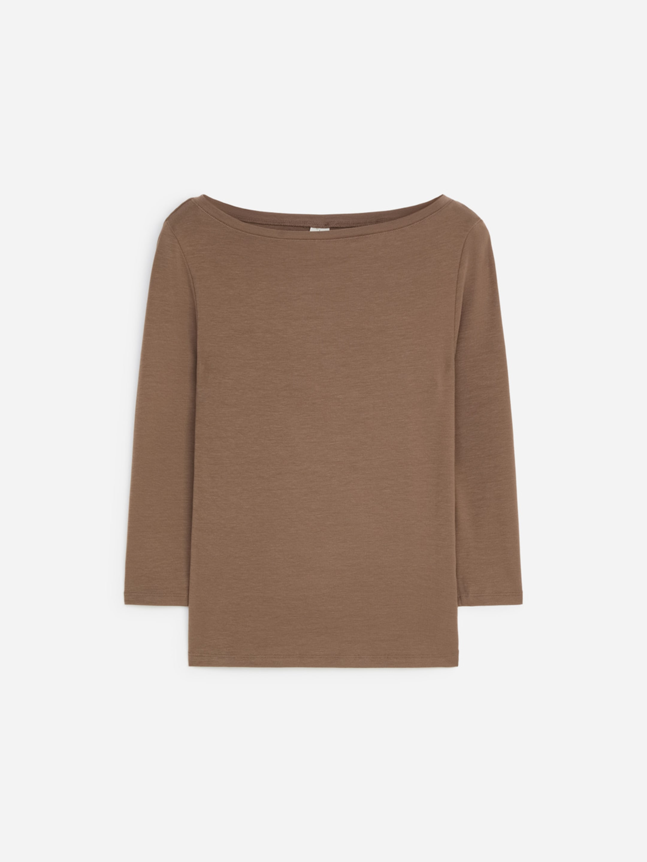 Brown long-sleeve shirt with a wide neckline, displayed on a white background.