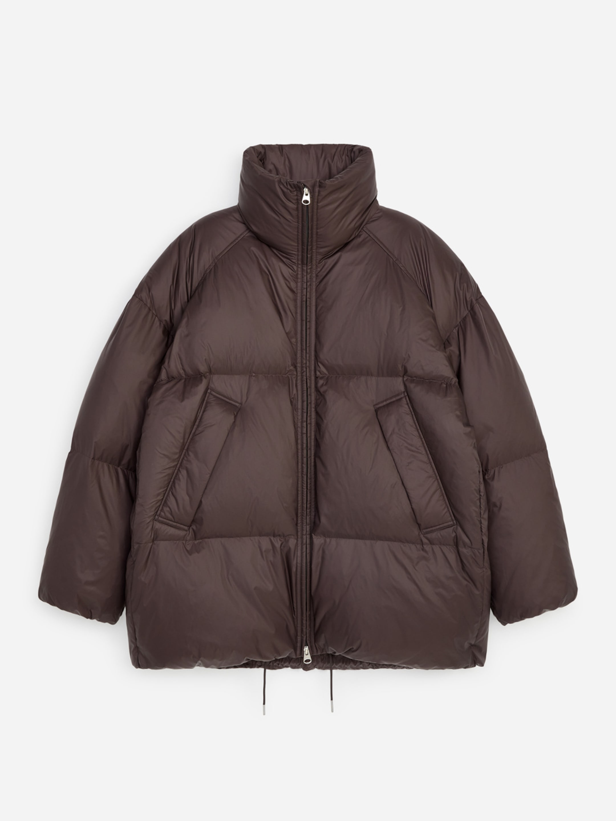 A dark brown puffer jacket with a high collar, front zipper, and two angled pockets, laid out flat on a light background.
