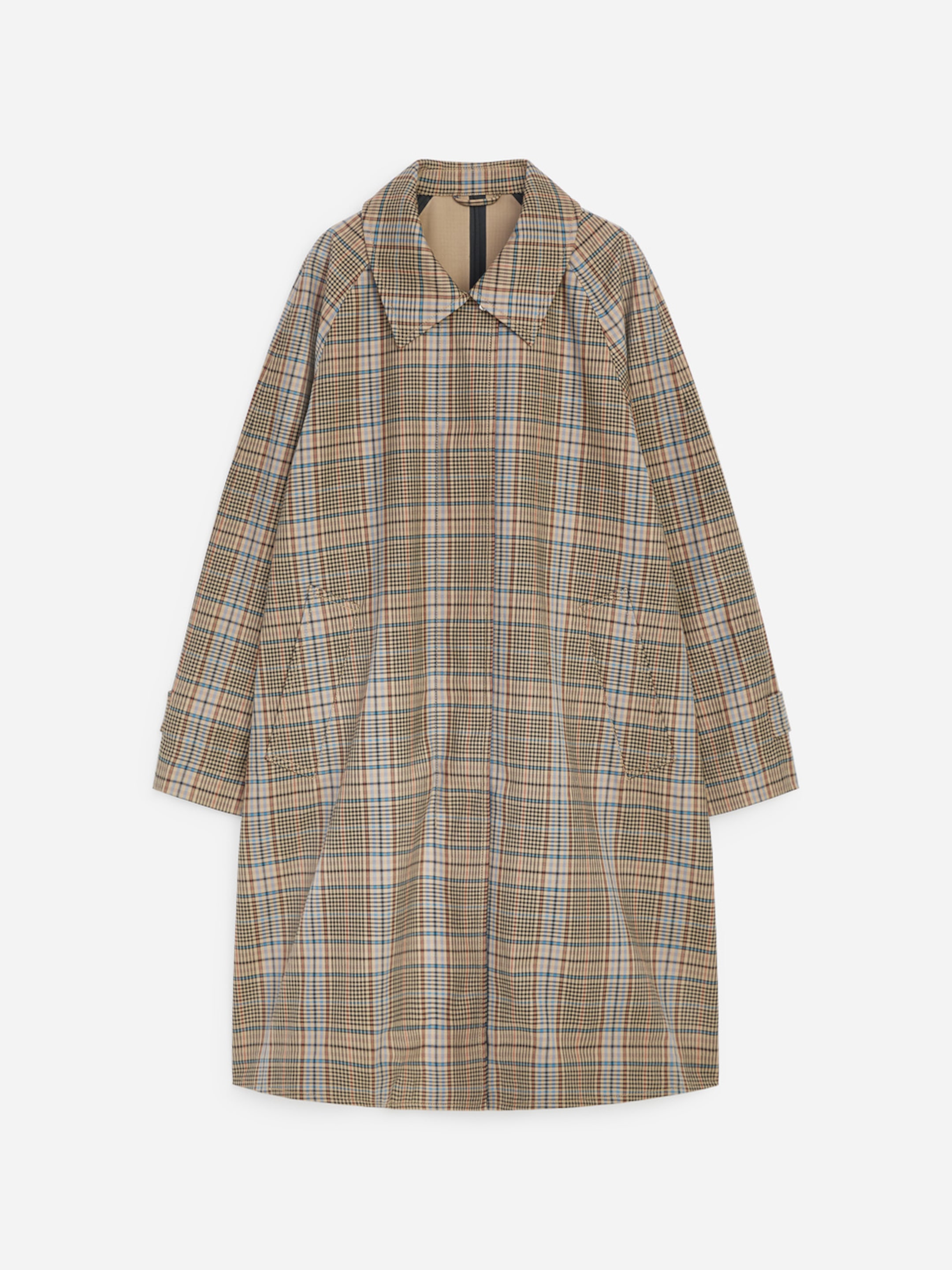 A long, plaid-patterned trench coat with a classic collar, featuring muted tones of brown and beige.