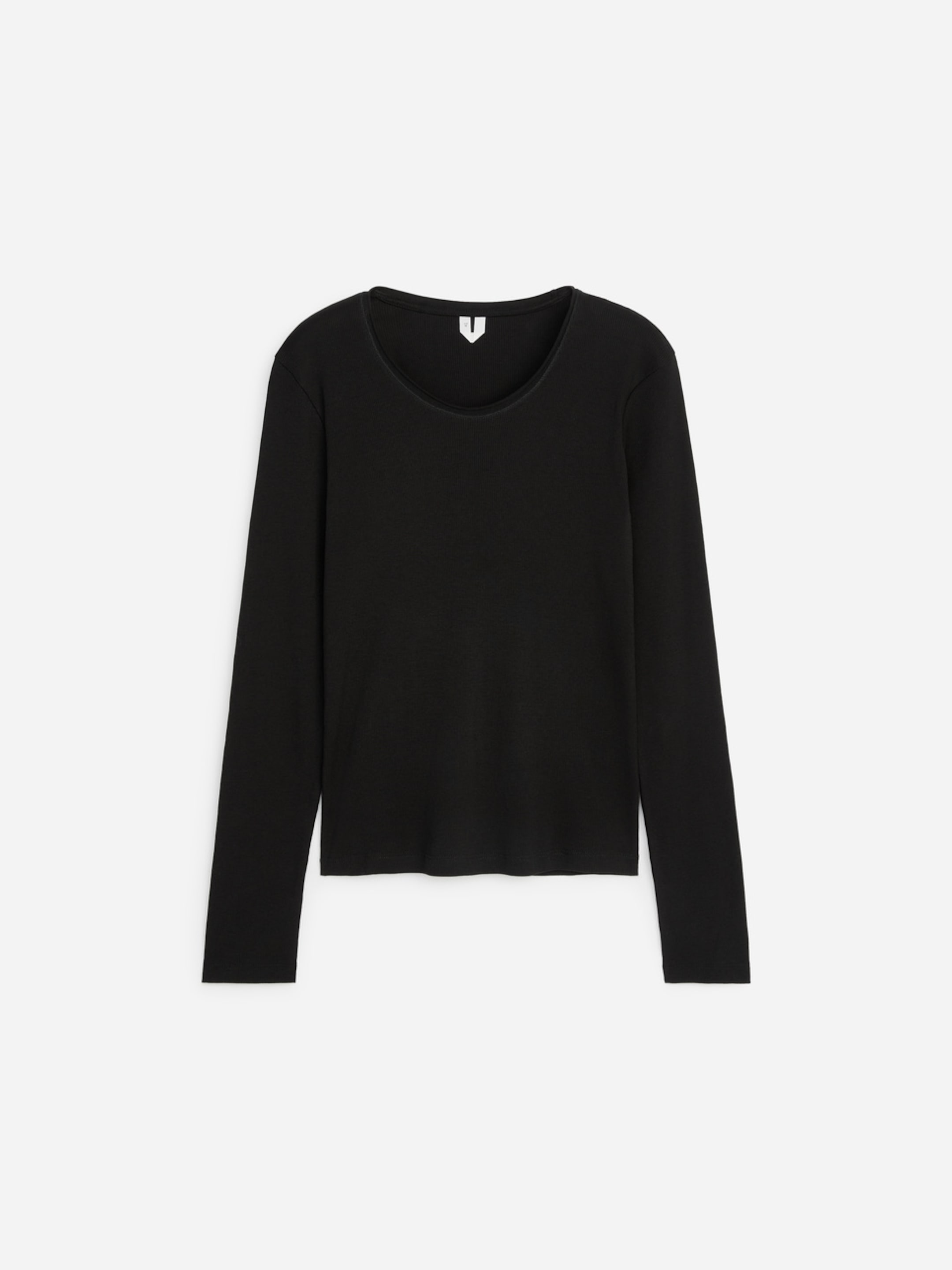 Black long-sleeve knit top with a round neckline against a plain white background.