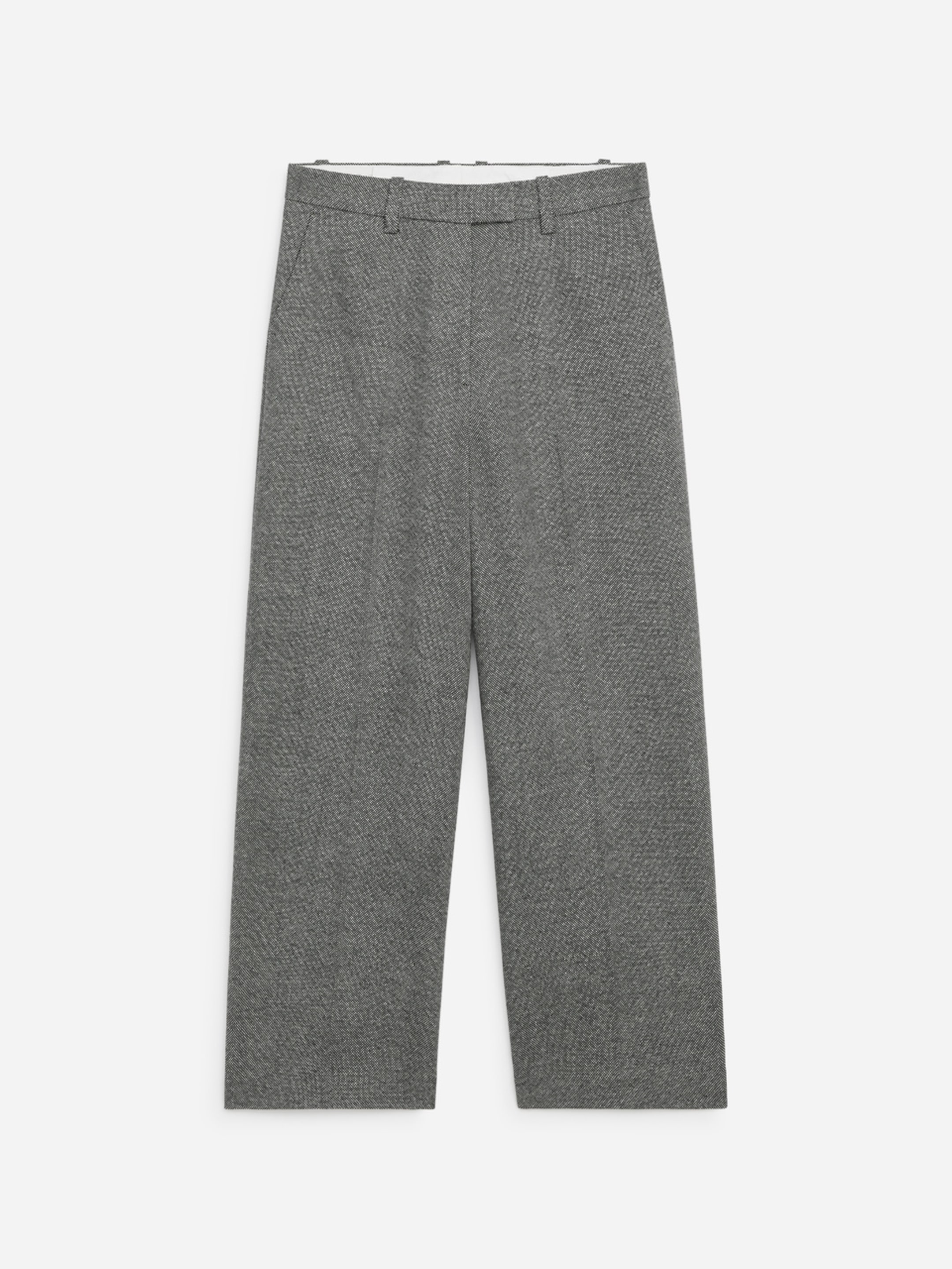 Gray wool trousers with a straight leg, featuring belt loops and a subtle pleat down each leg, set against a plain white background.
