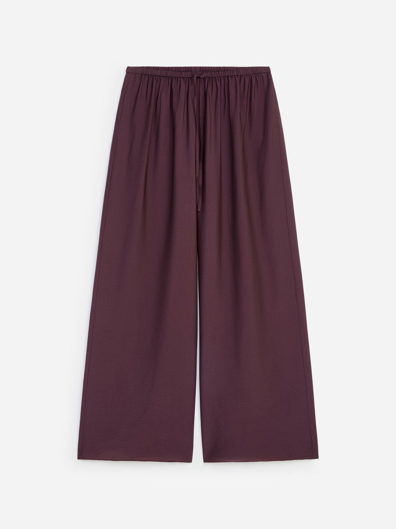 Wide-leg maroon pants with an elastic waistband and drawstring, displayed against a plain white background.