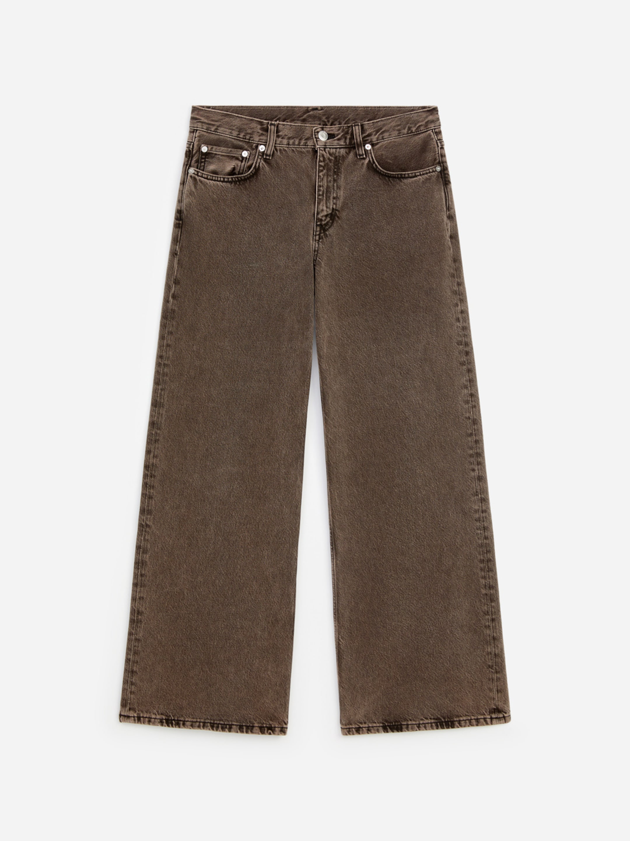 Brown wide-leg jeans with a high waist, featuring classic five-pocket styling. Made from denim fabric with a slightly worn look.