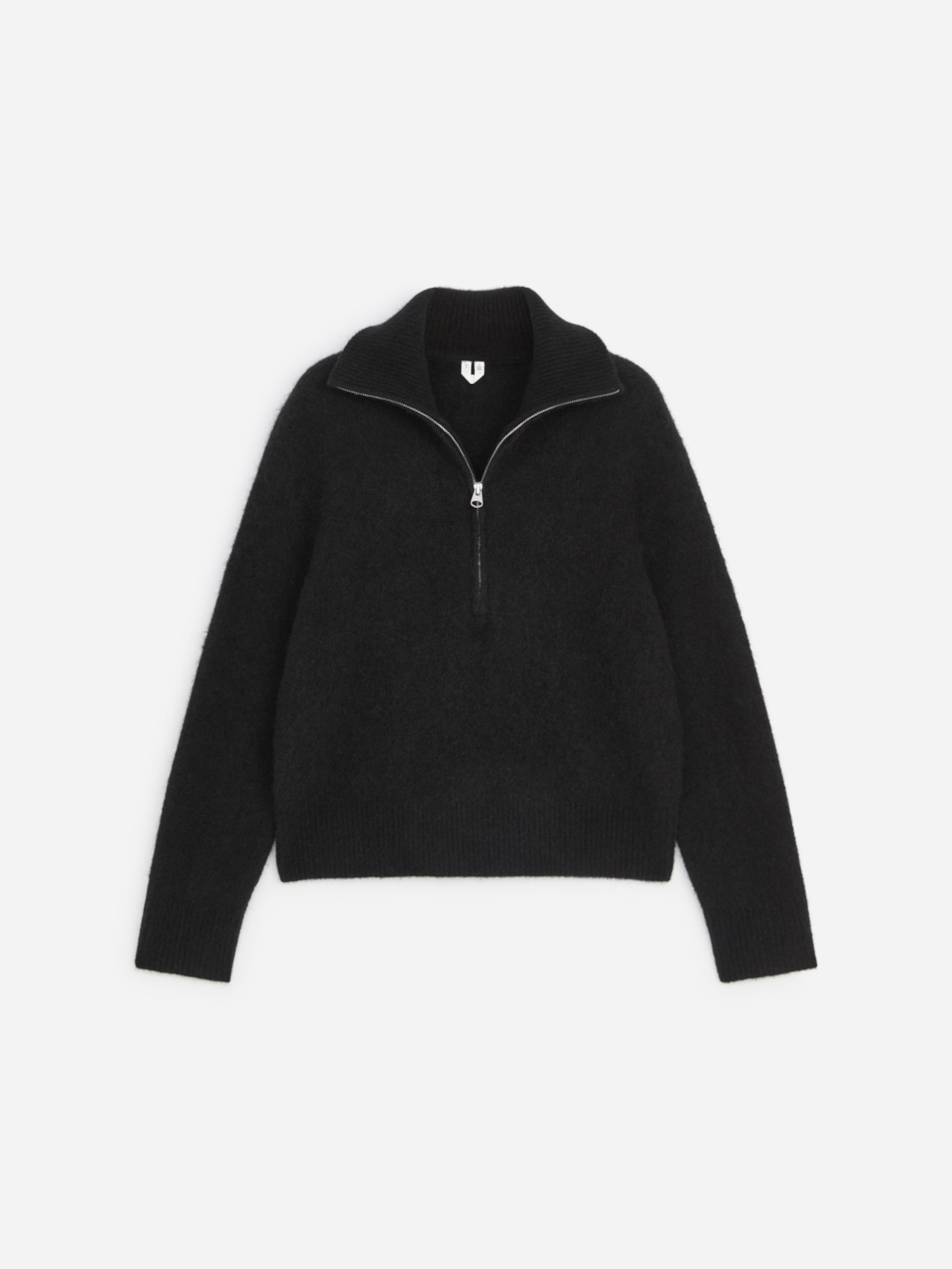 A black quarter-zip wool sweater with a high collar, ribbed cuffs, and hem, laid flat on a white background.
