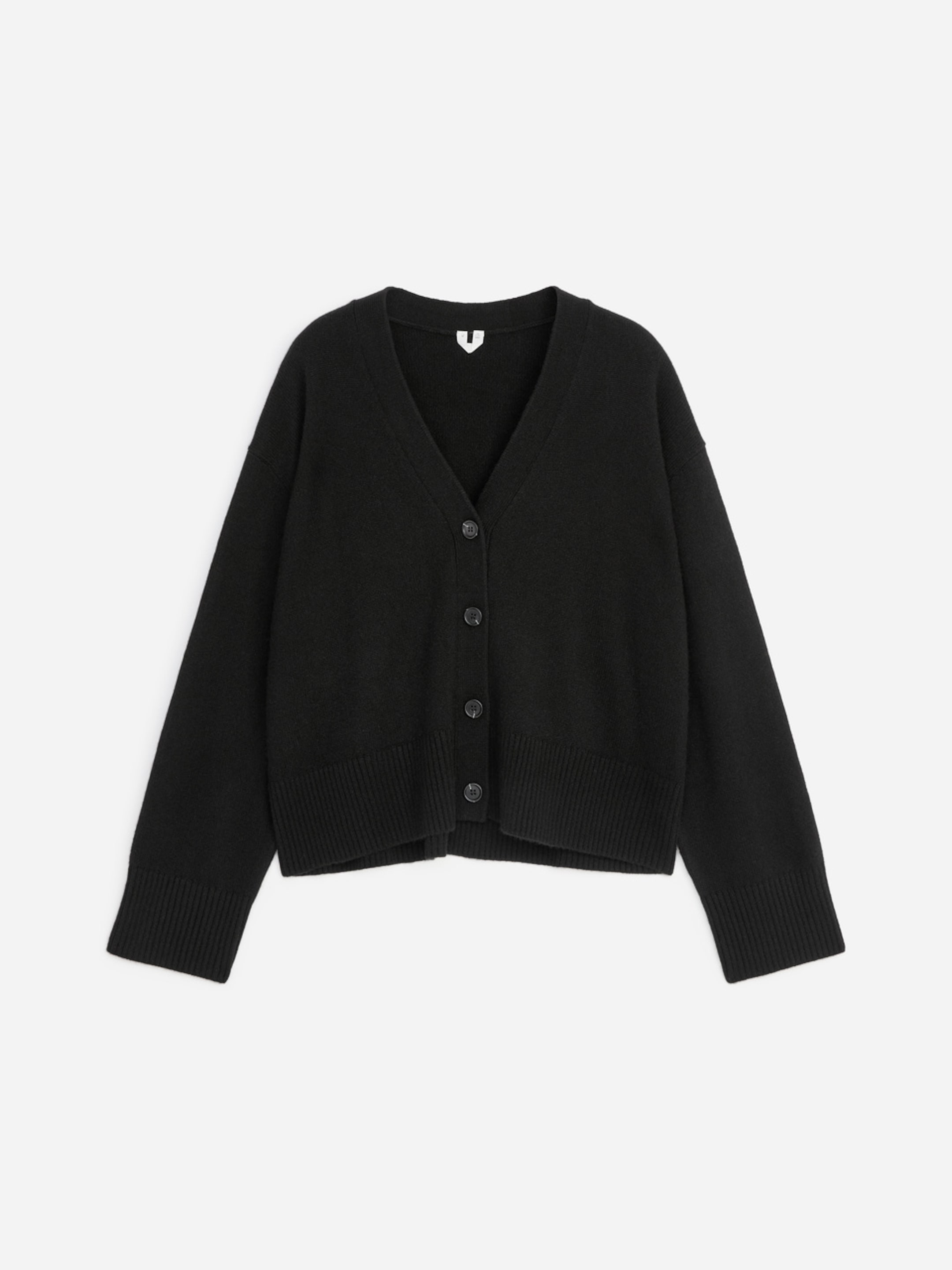 A black wool cardigan with long sleeves, ribbed cuffs, a V-neck, and button closure, displayed on a hanger against a white background.