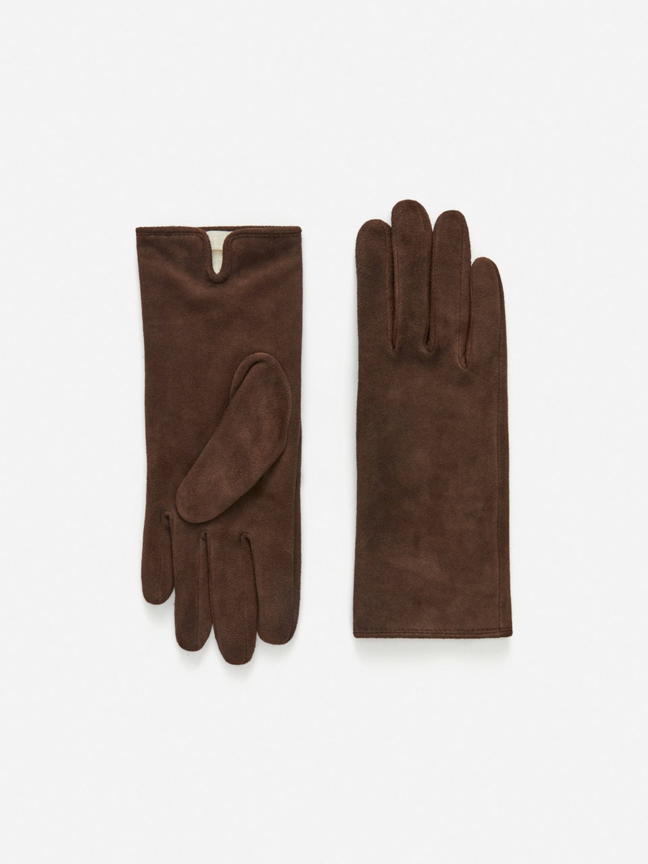 A pair of brown suede gloves laid flat against a white background, one showing the palm side and the other the back, with a notch at the wrist.