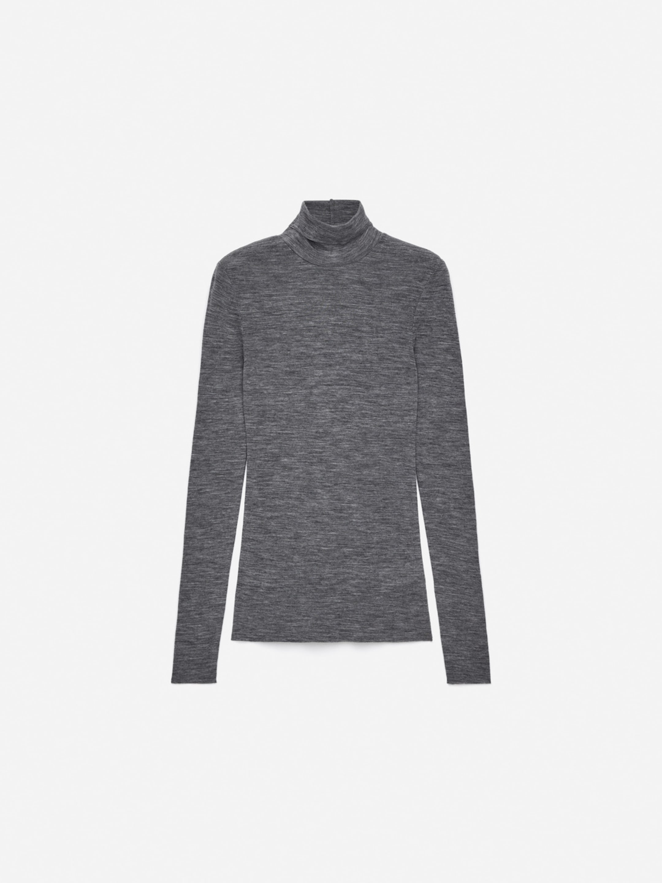 Gray long-sleeve turtleneck sweater on a plain white background.