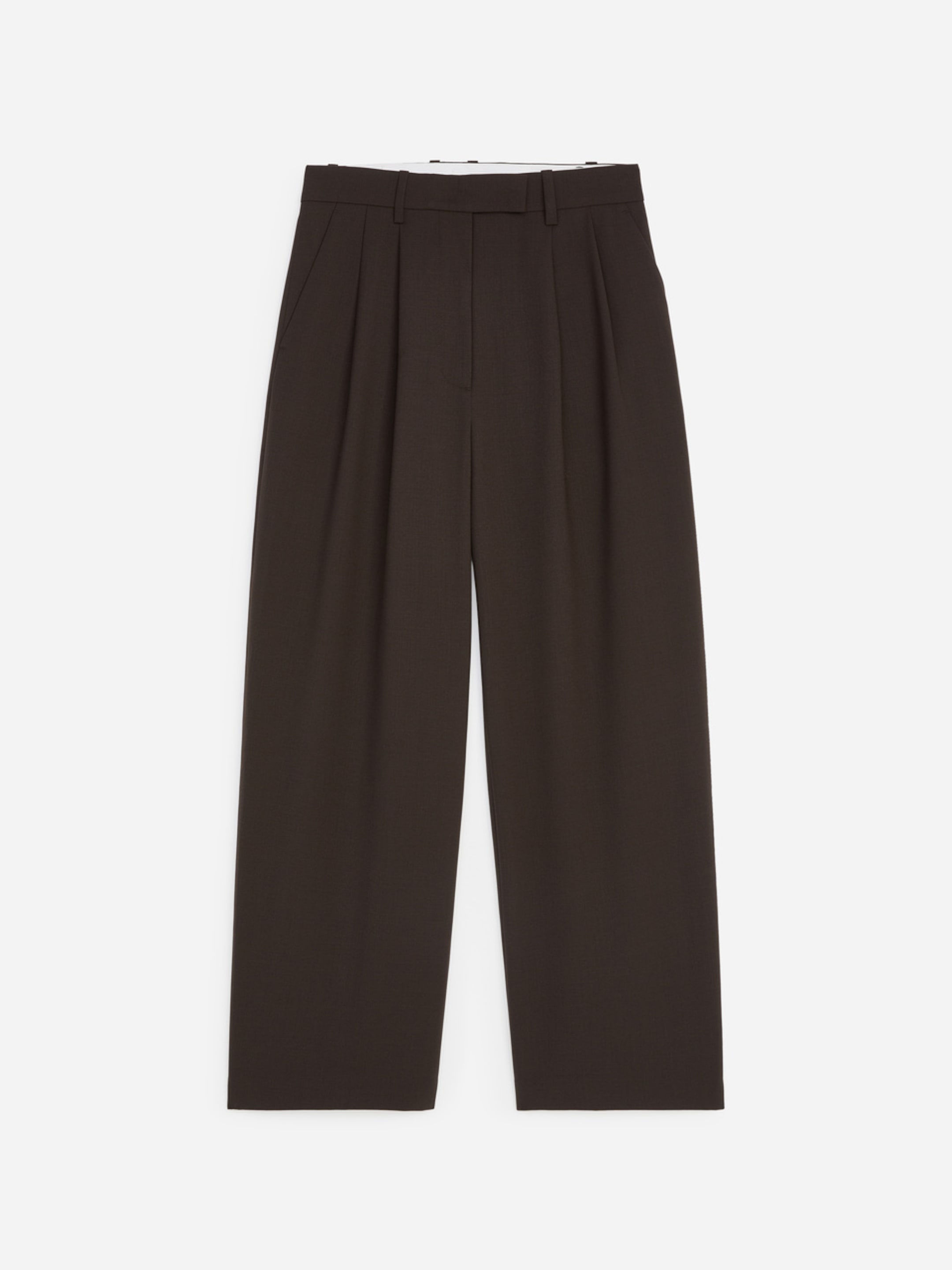 Dark brown tailored trousers with a high waist, pleats, and belt loops, displayed against a white background.