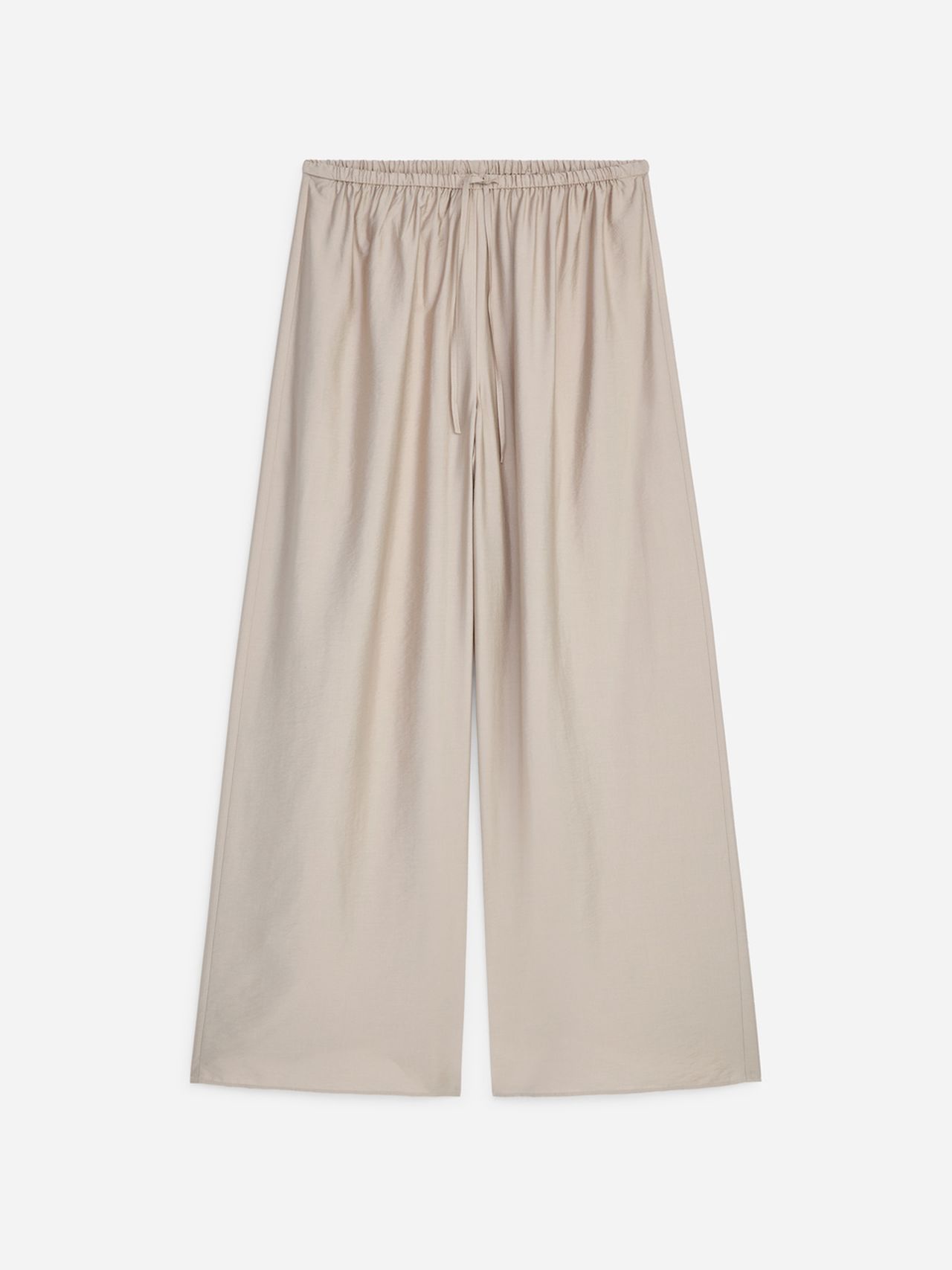 Beige wide-leg pants with an elastic waistband and drawstring on a plain white background.