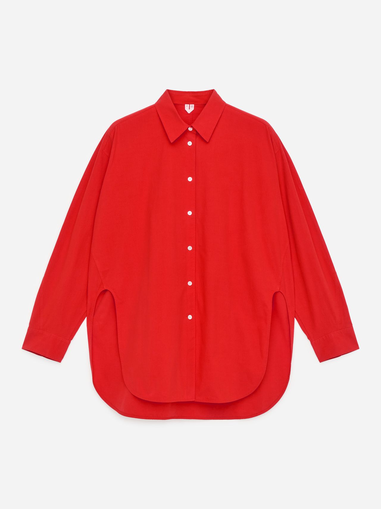 Red long-sleeve button-up shirt with a pointed collar and rounded hem, displayed against a plain white background.