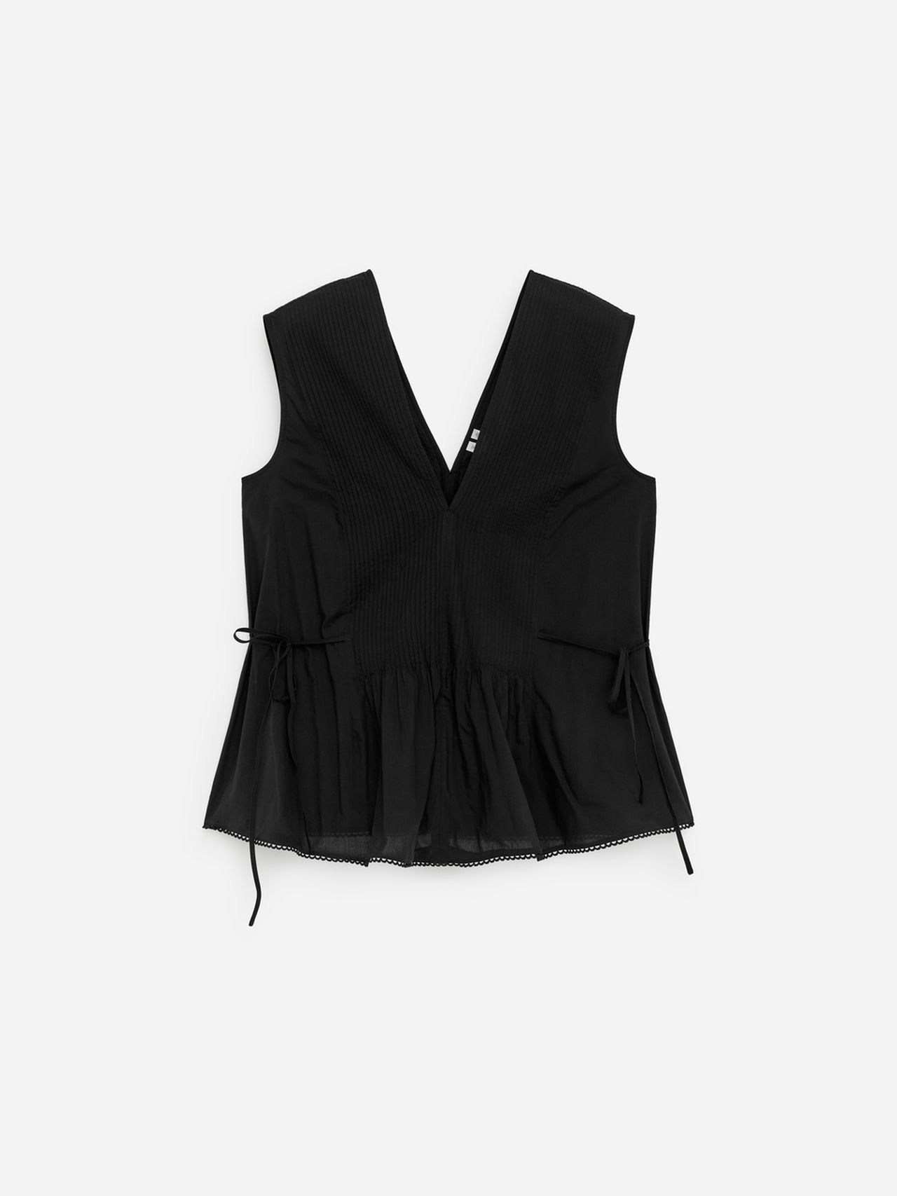 Black sleeveless top with a deep V-neckline and tie details on the sides, laid flat on a white background.