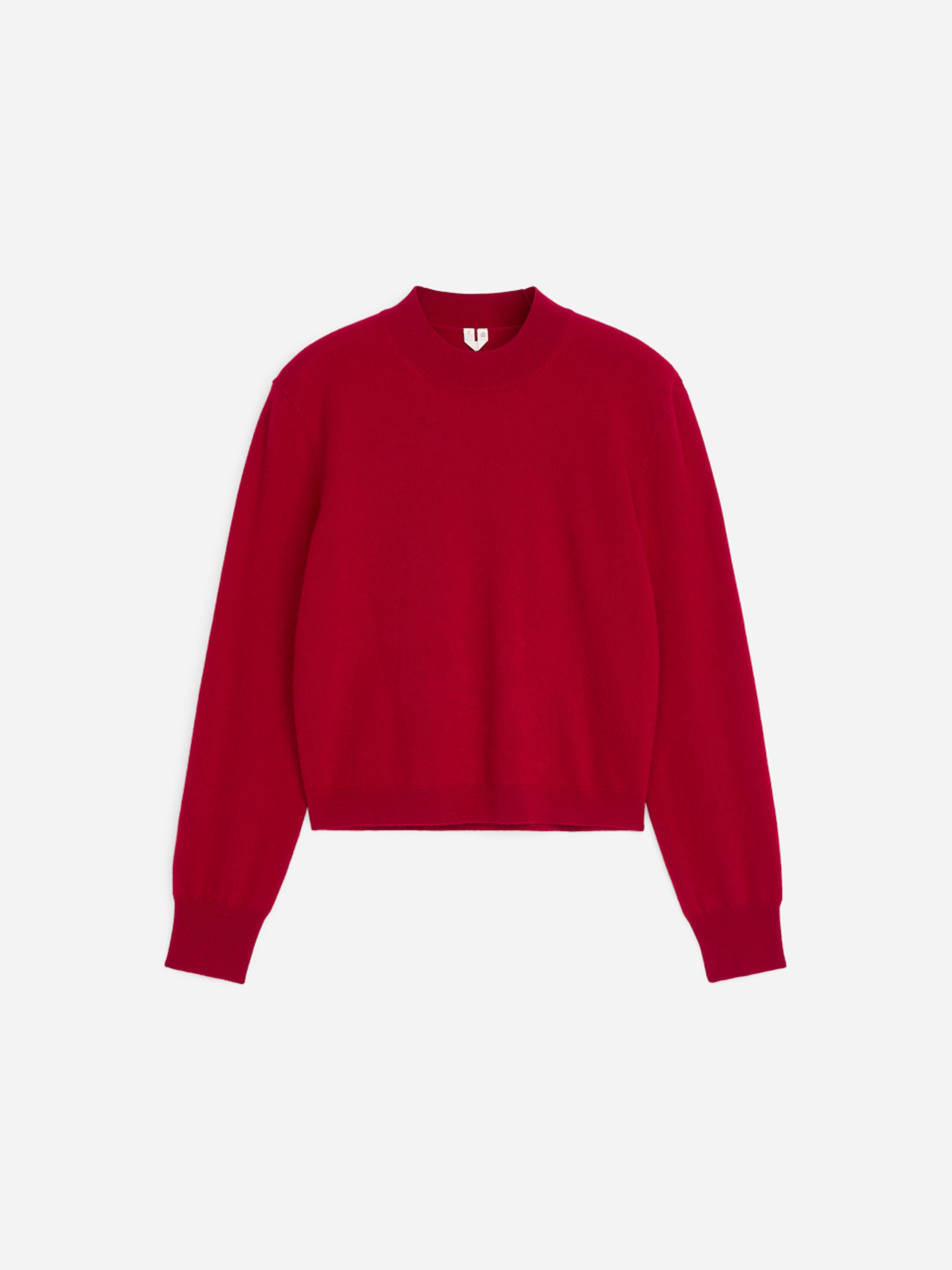 A vibrant red crewneck sweater with long sleeves and ribbed cuffs is neatly displayed on a plain white background.