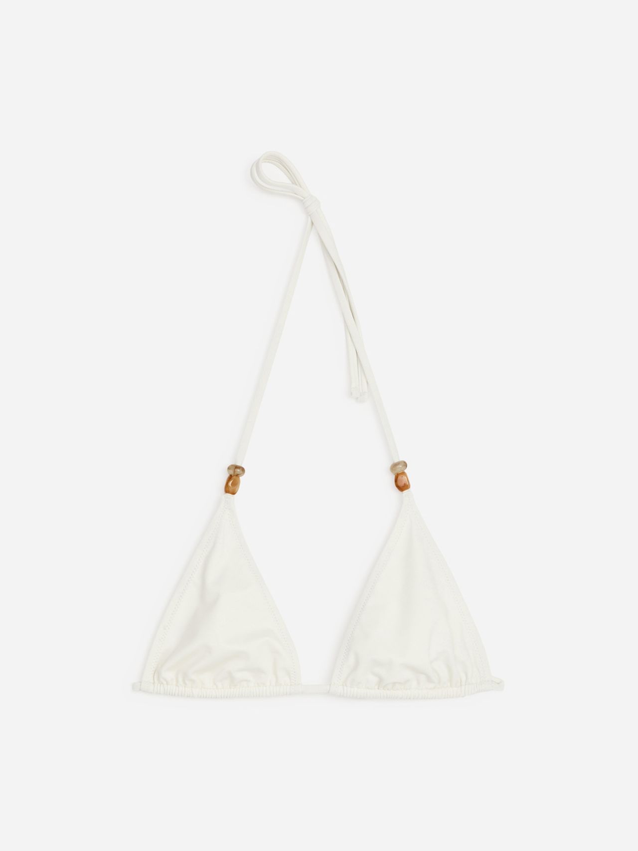 White triangle bikini top with adjustable neck and back ties, featuring small wooden beads on the straps, against a plain background.