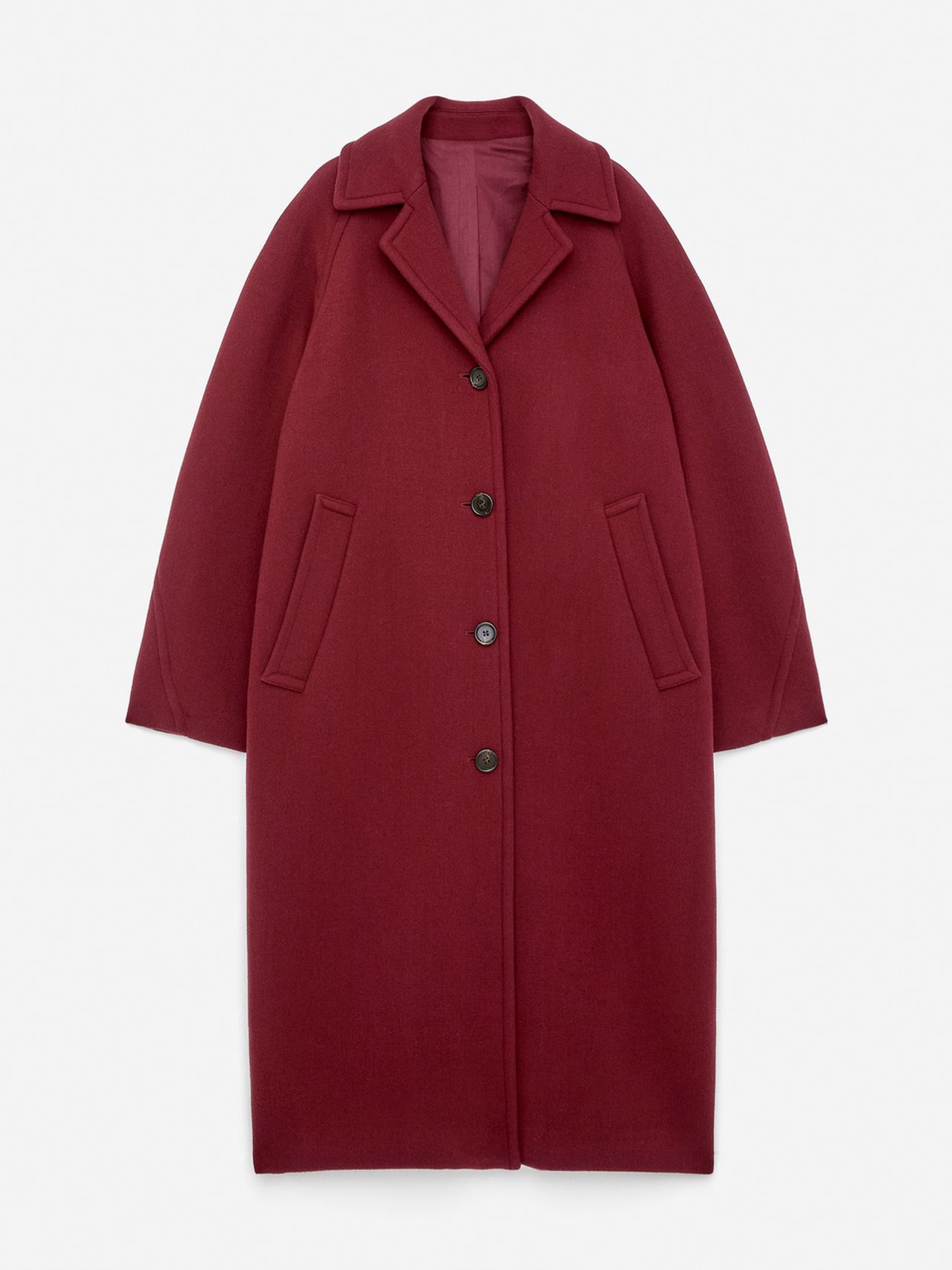 A long, burgundy wool coat with a notched collar, button front, and two angled pockets, displayed on a plain white background.