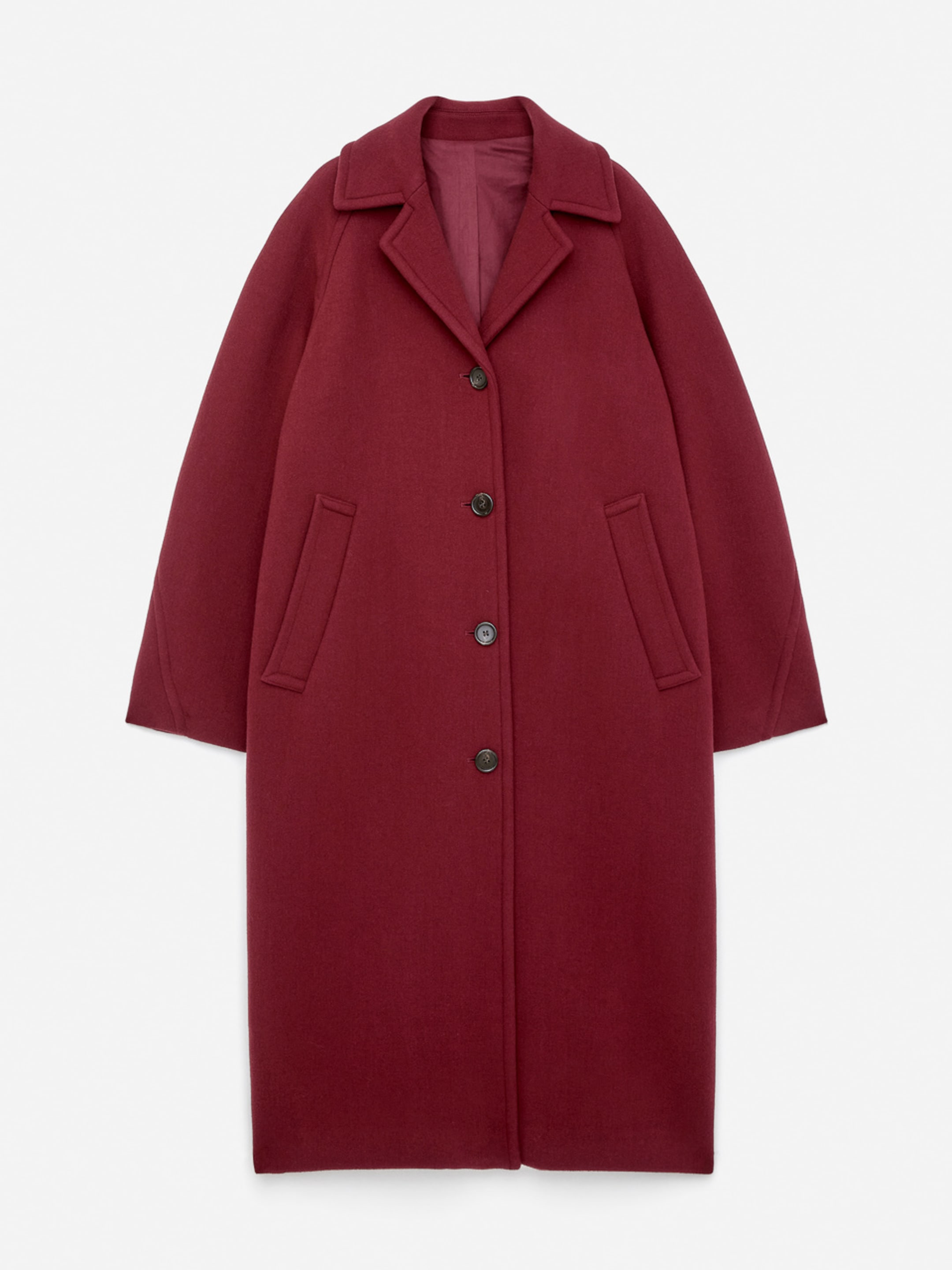 A long, burgundy wool coat with a notched collar, button front, and two angled pockets, displayed on a plain white background.