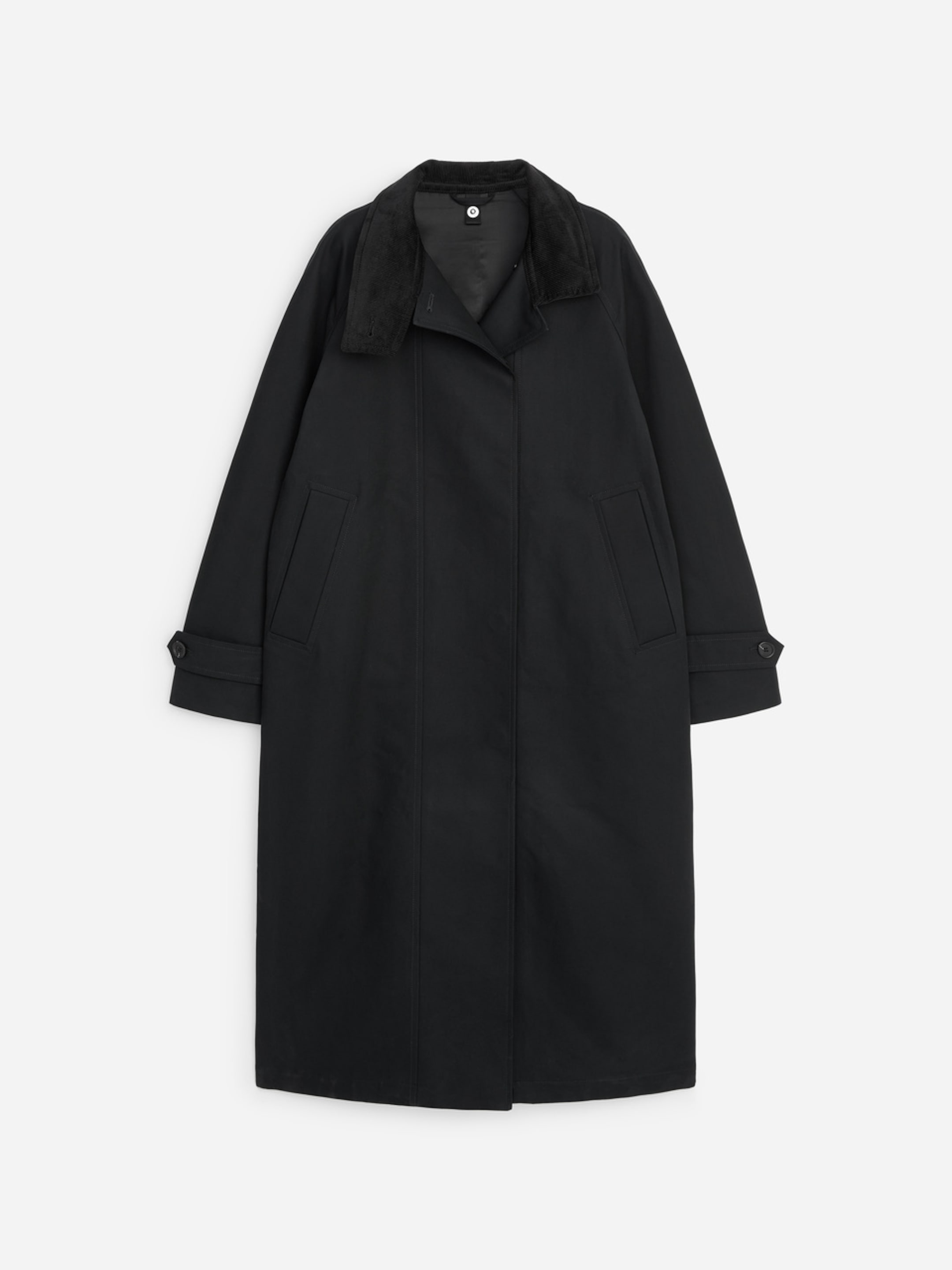 A black long coat with a buttoned collar, simple front, and slit pockets, displayed against a white background.