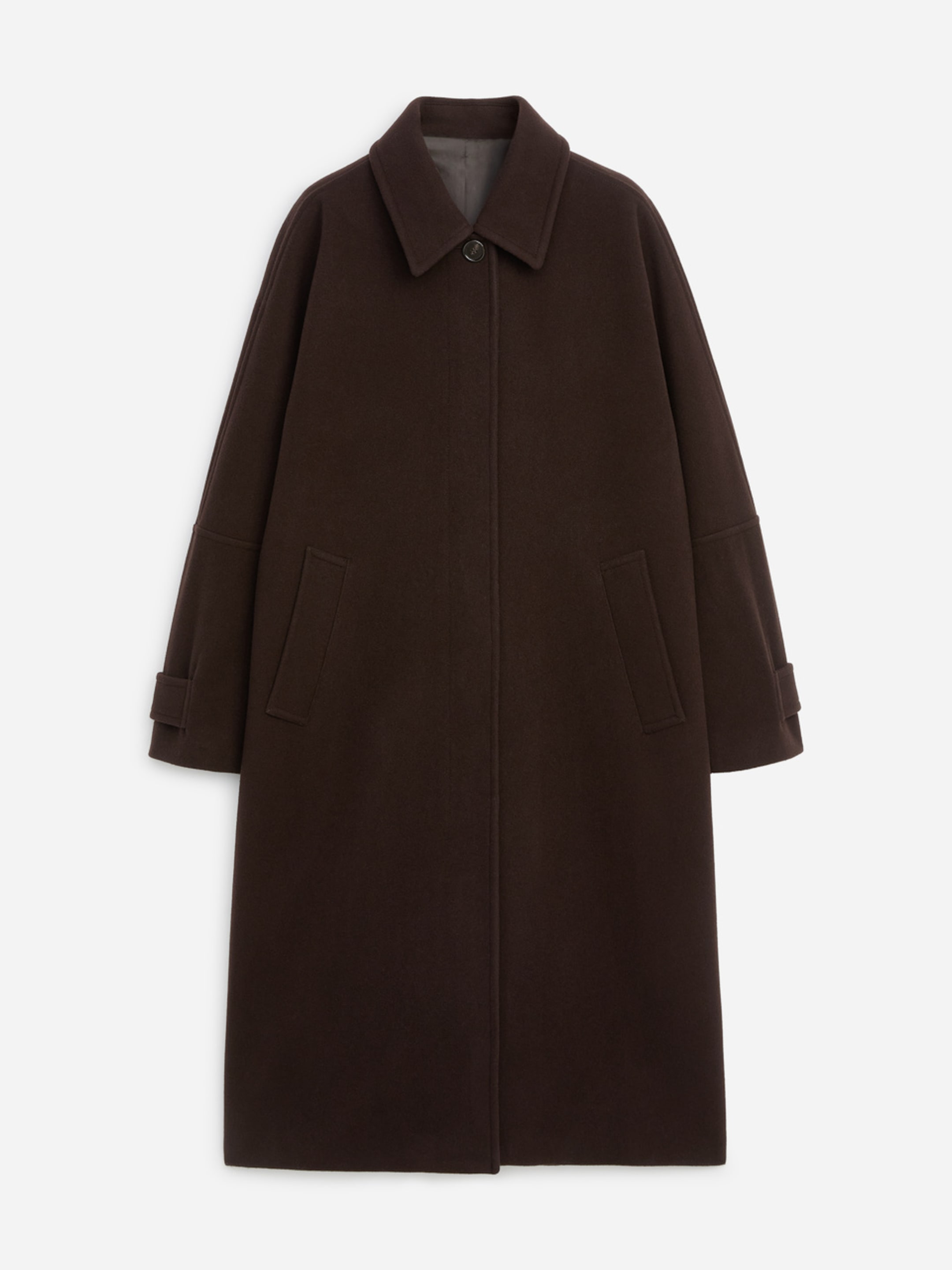 A long, dark brown wool coat with a classic collar, hidden button closure, and side pockets, displayed against a plain white background.