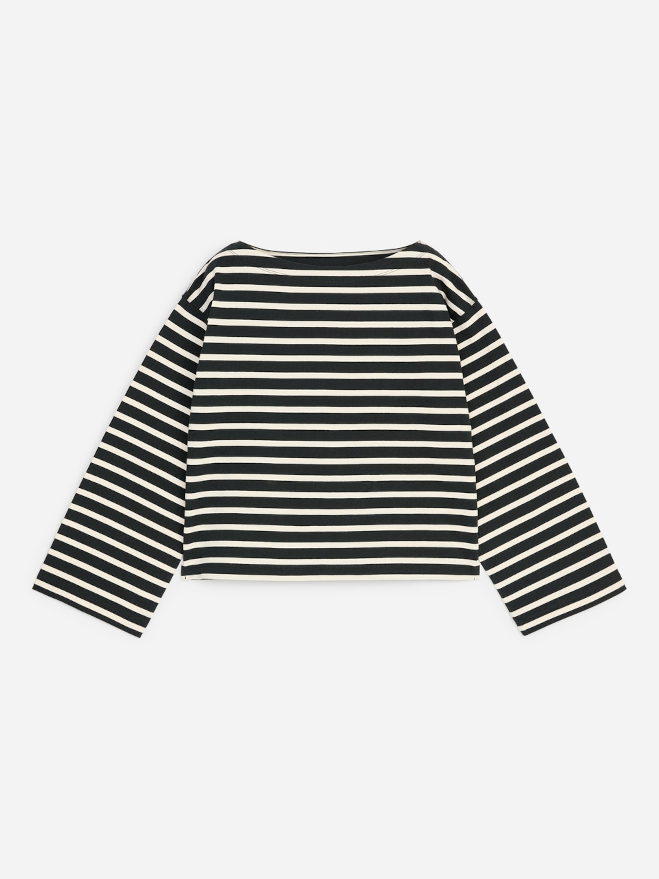 A black and white striped long-sleeve T-shirt with a boat neckline, laid flat against a white background.