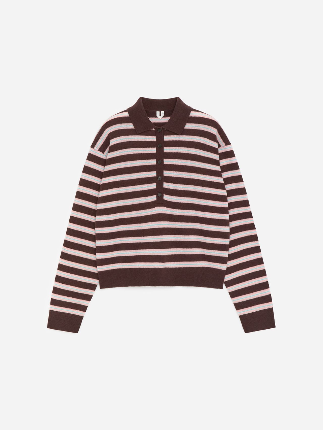A brown and pink striped long-sleeve knit sweater with a collared neckline and buttoned placket, laid flat on a white background.