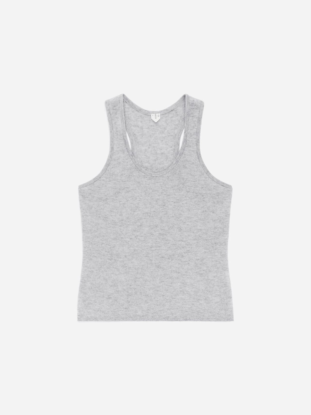 Gray sleeveless tank top on a plain white background, featuring a scoop neckline and a simple, casual design.