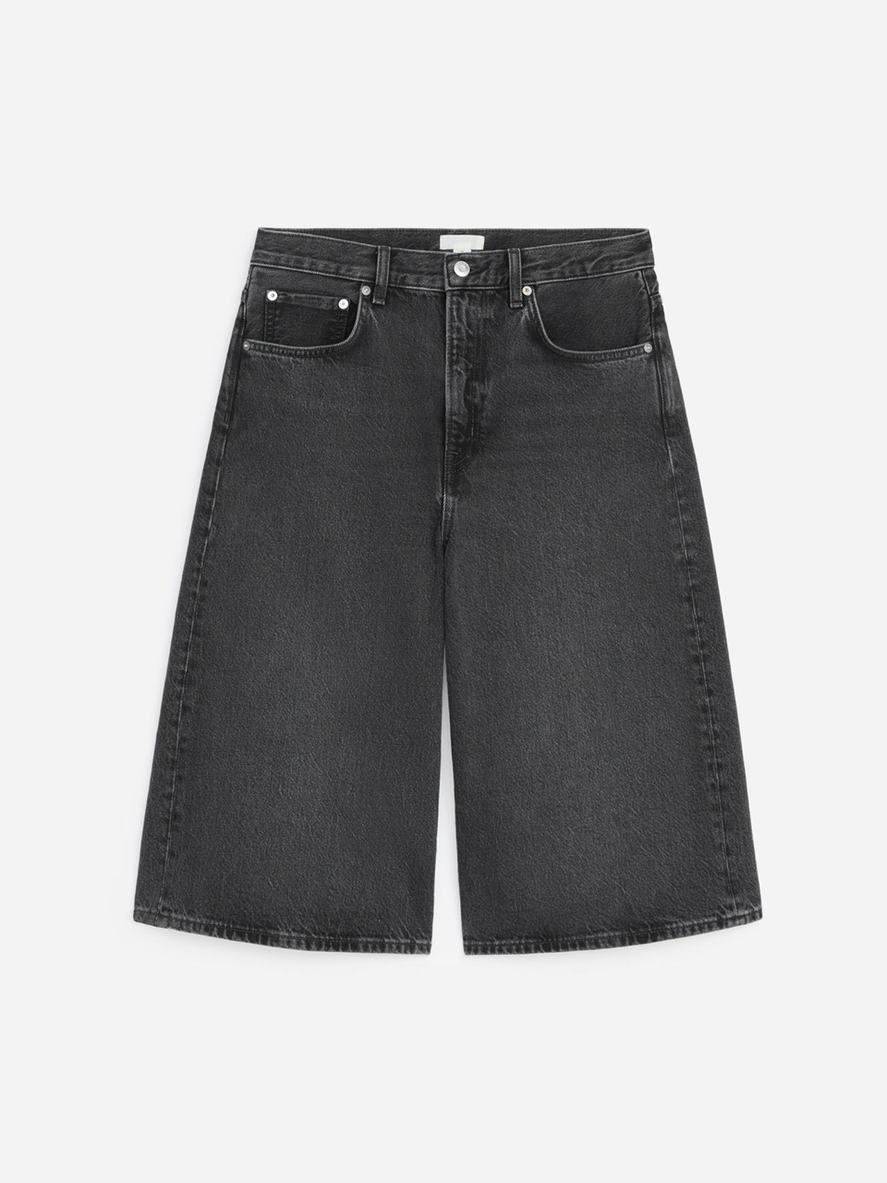 Black denim Bermuda shorts with a classic five-pocket design and a button fly, laid flat on a white background.