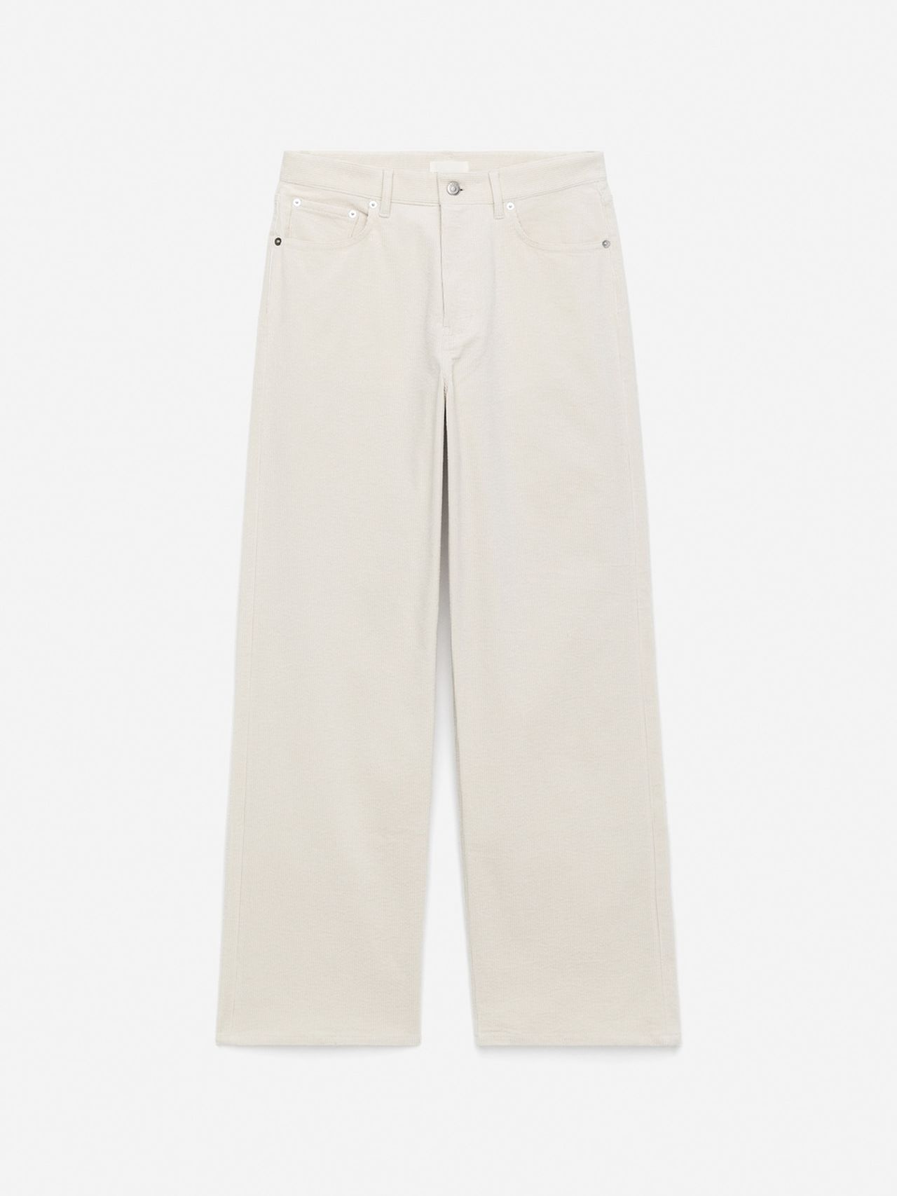 Beige wide-leg jeans with a button and zip closure, front and back pockets, displayed on a plain white background.