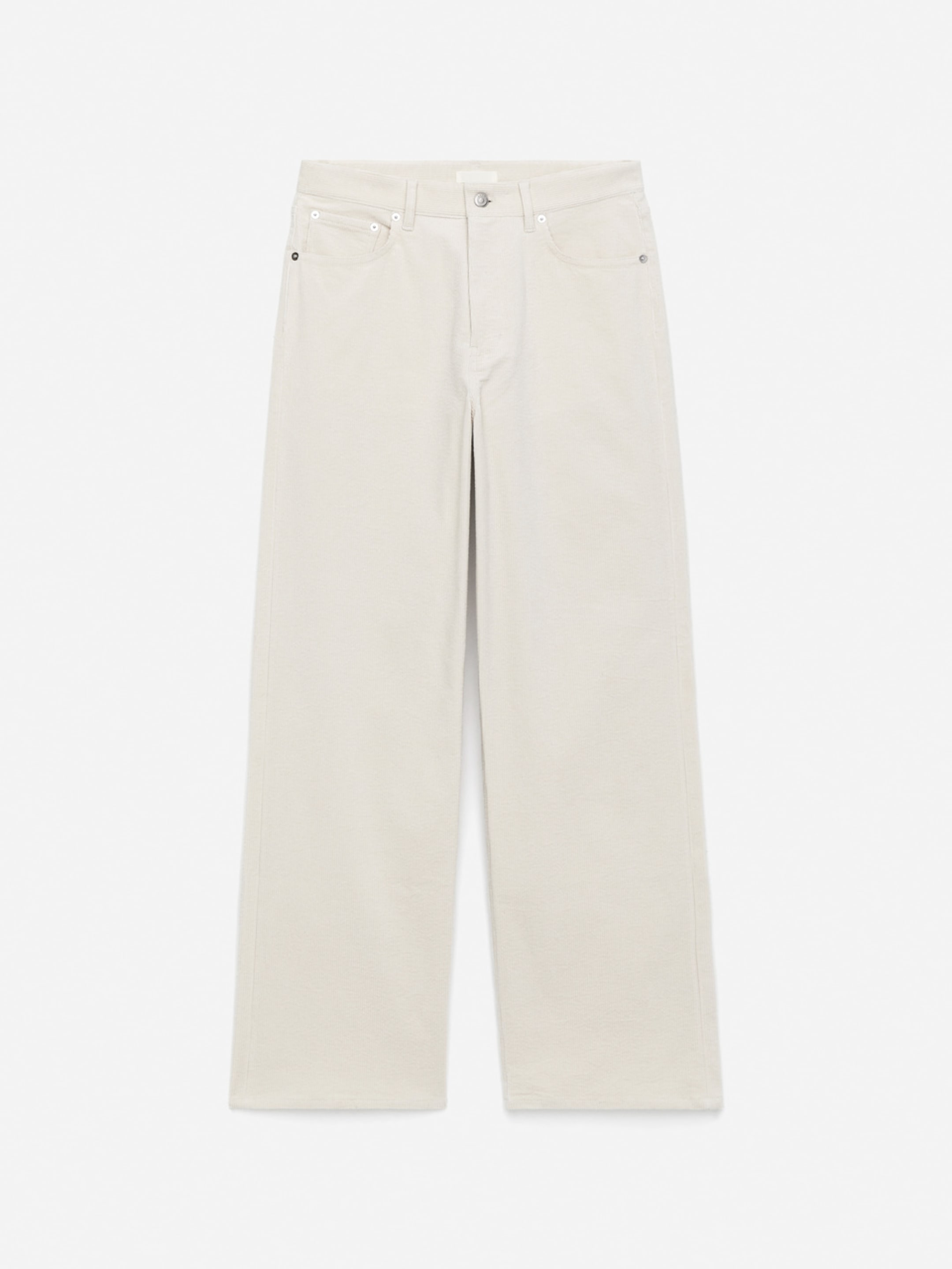 Beige wide-leg jeans with a button and zip closure, front and back pockets, displayed on a plain white background.
