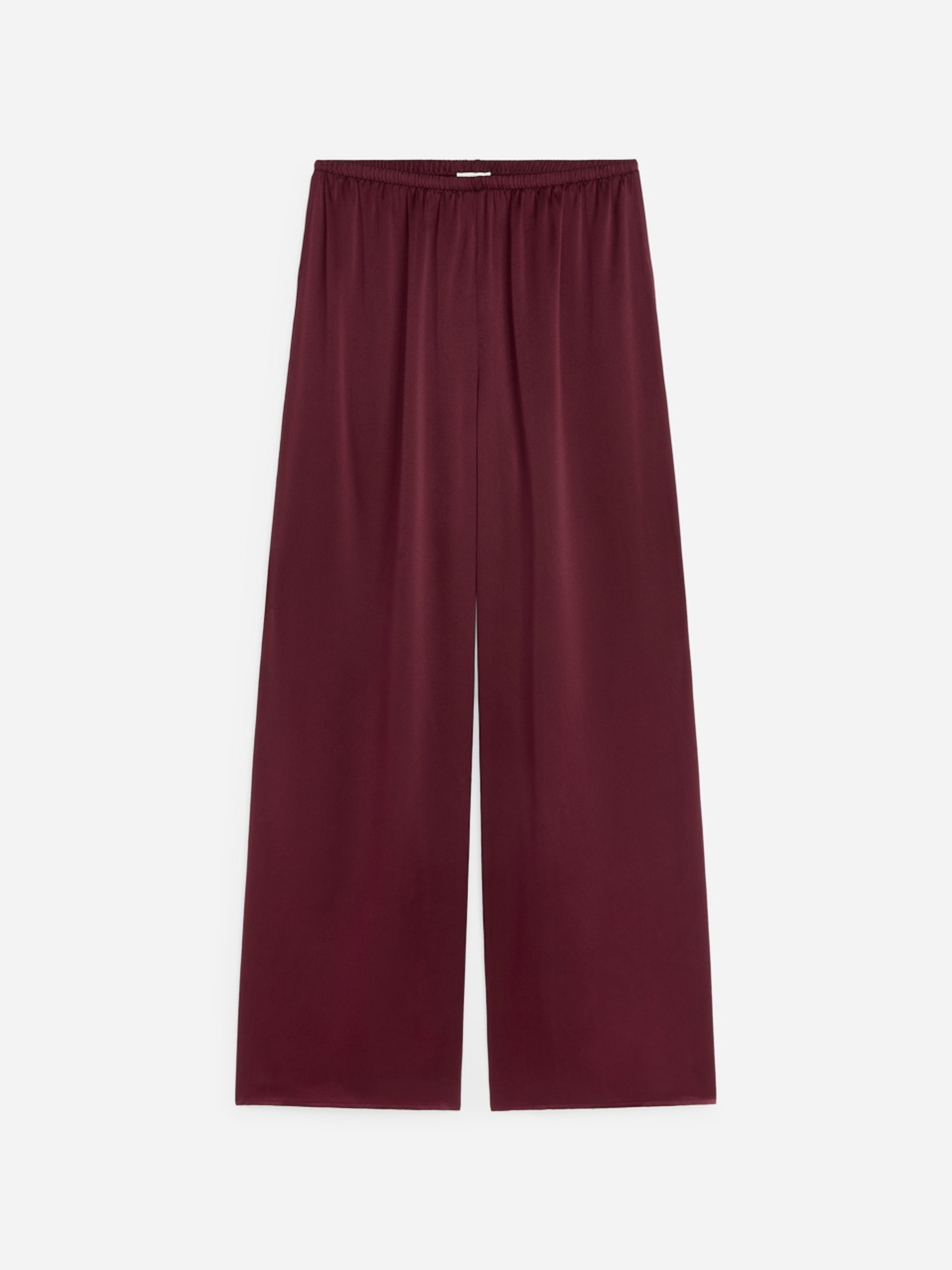 Maroon wide-leg satin pants with an elastic waistband, displayed on a white background.