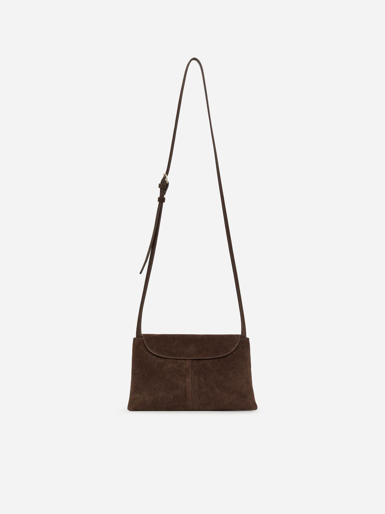 A brown suede shoulder bag with a long, adjustable strap against a plain white background.